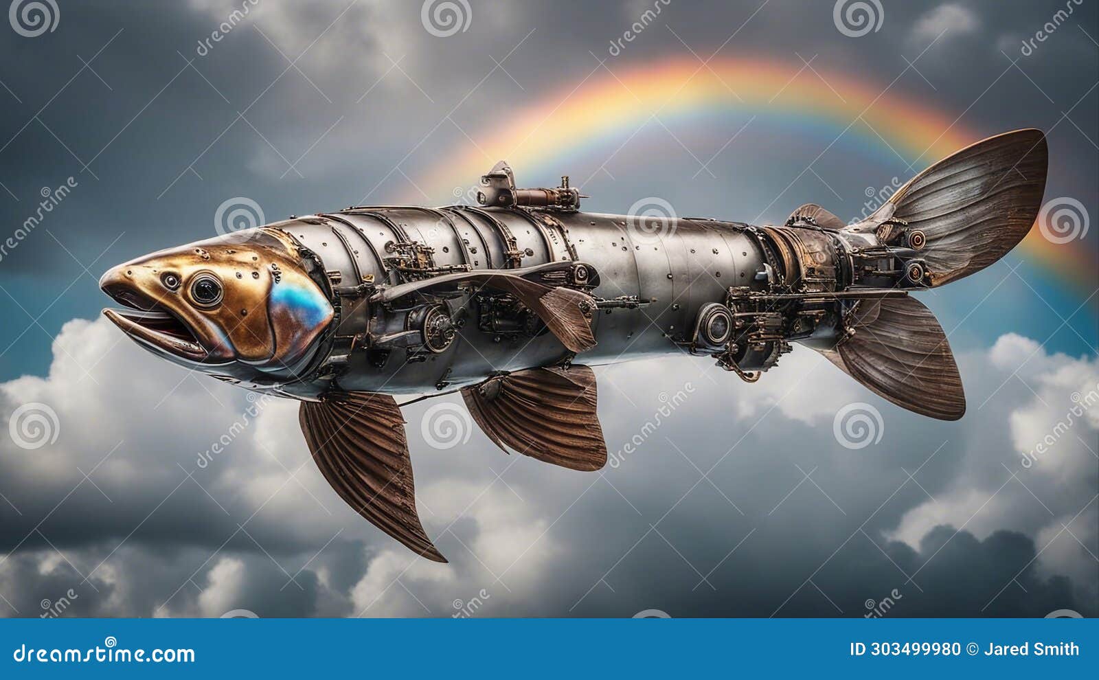 Fish in the Sky Steampunk Scene of a Metal Rainbow Trout Fish Flying in the  Sky, Propellers, Stock Illustration - Illustration of trout, flying:  303499980