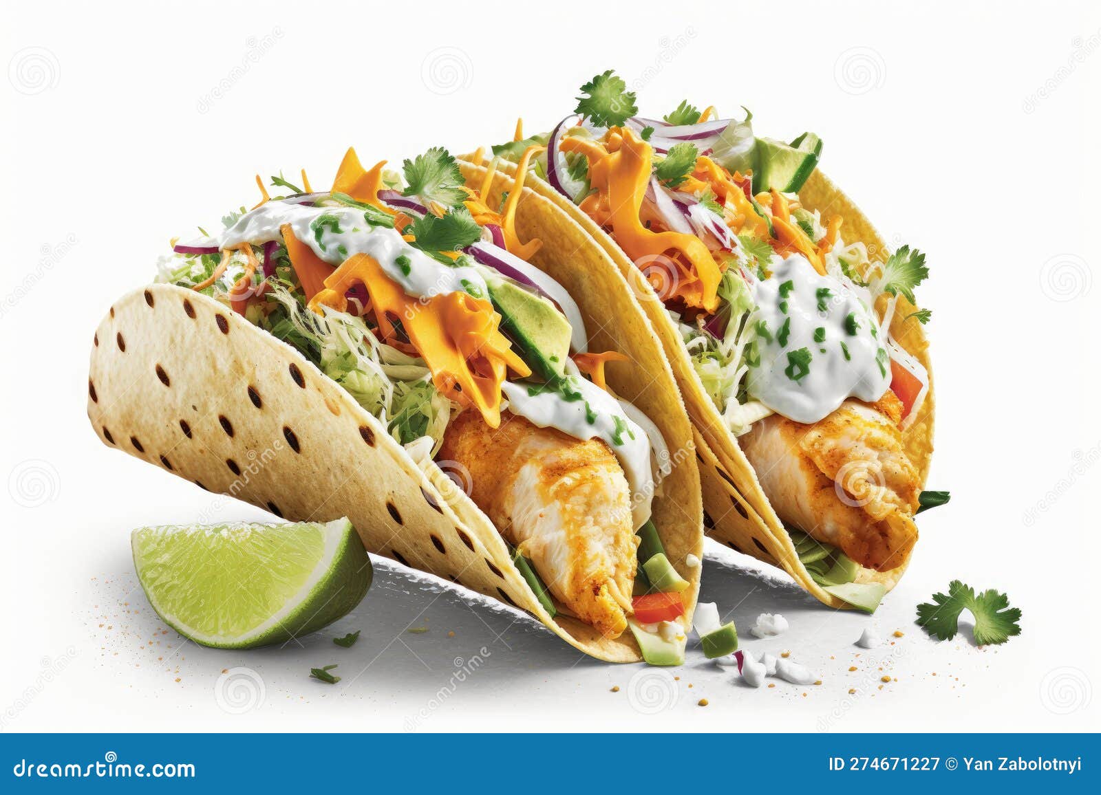 Fish Tacos on a White Background. Generative AI Stock Illustration