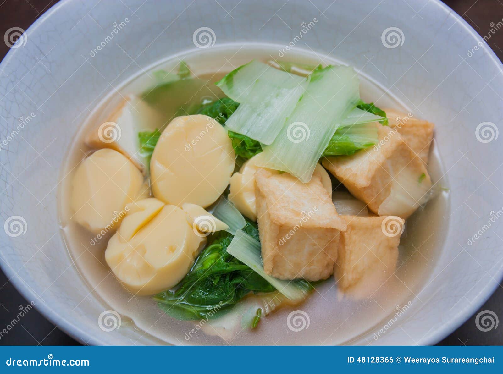 Fish Tofu and Egg Tofu Soup with Vegetable. Stock Photo - Image of