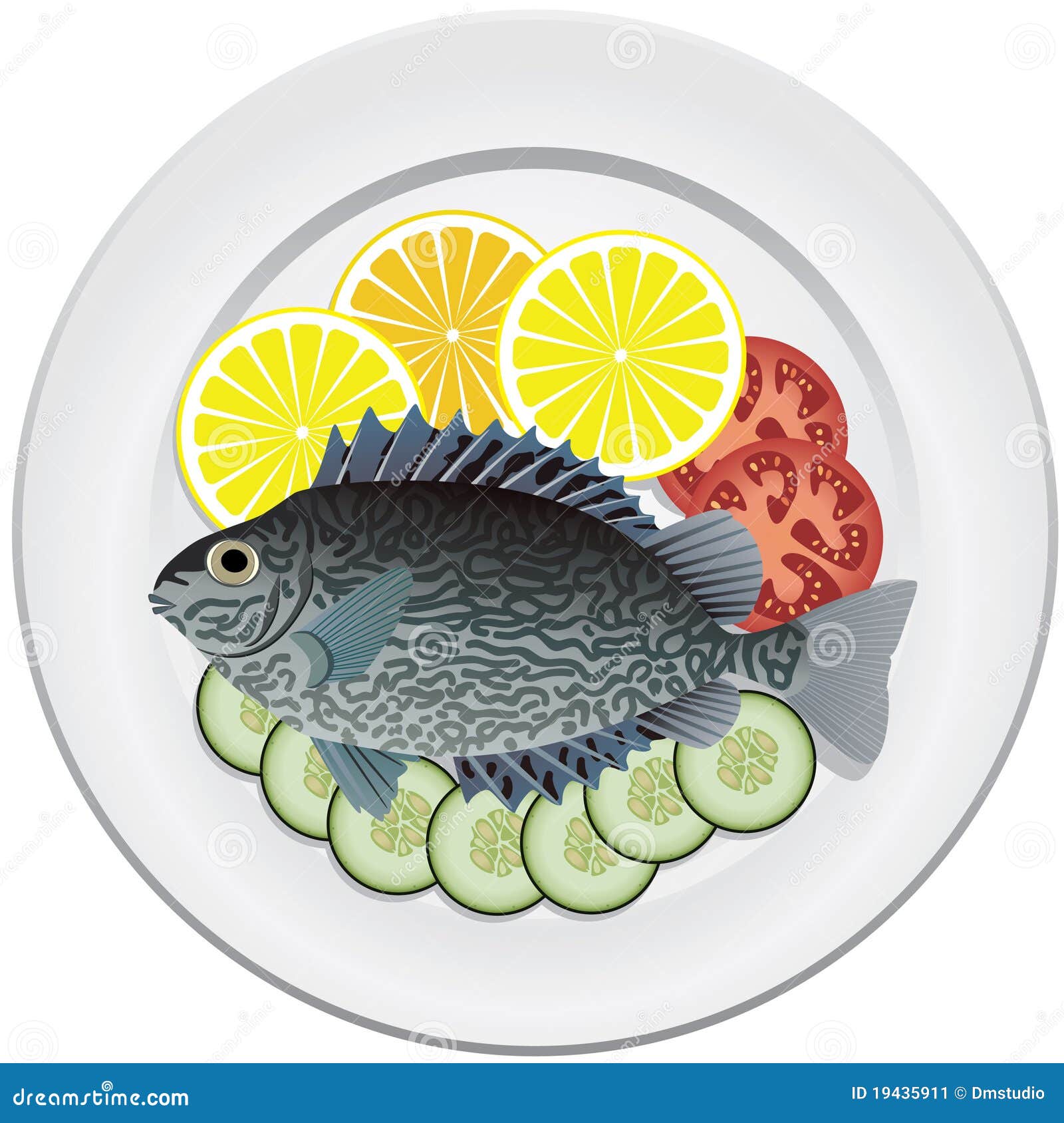 Fish and Vegetables on a Plate Stock Vector Illustration of cooked