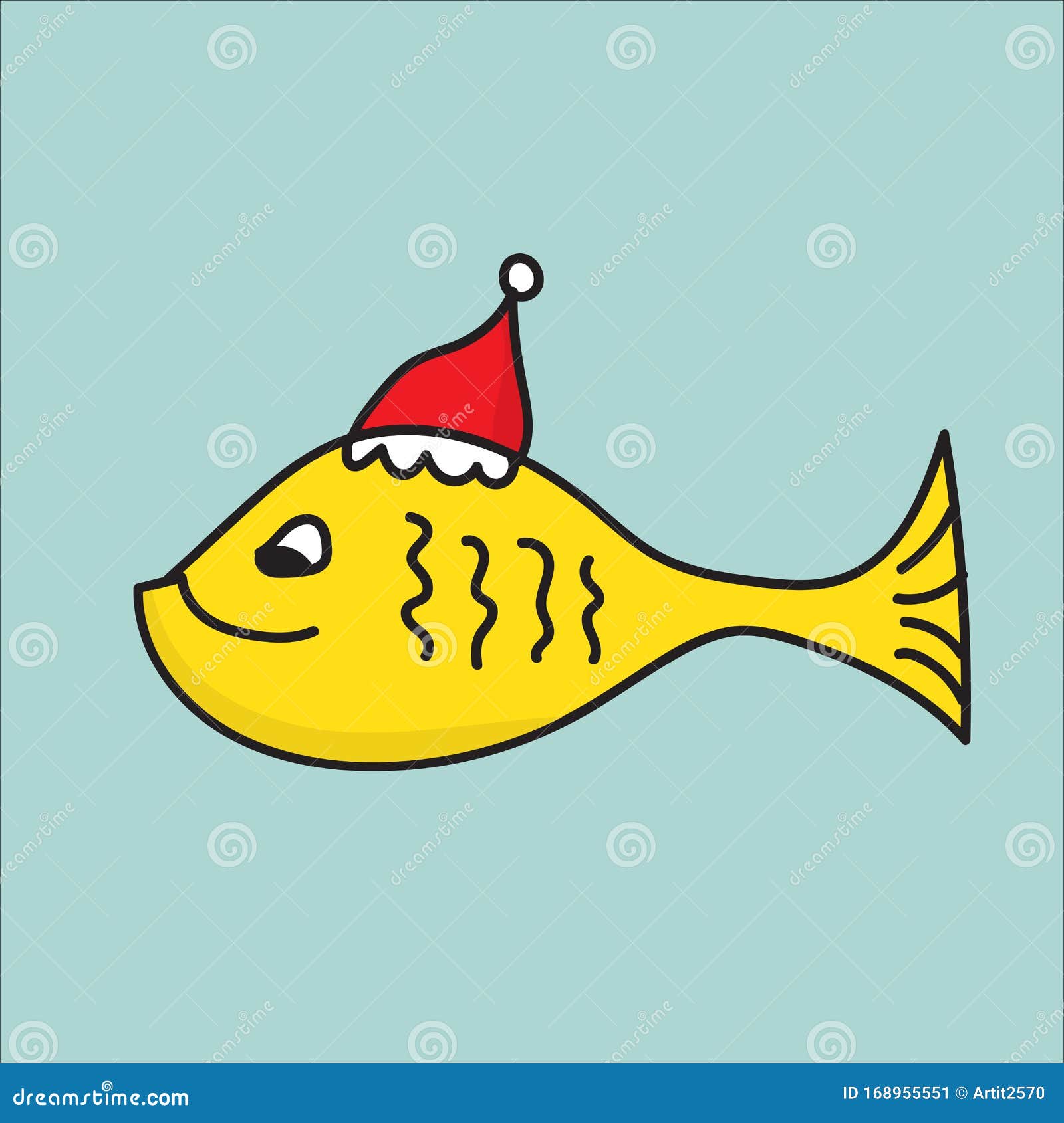 Fish Wearing Santa`s Hat for Christmas and Smiling Vector