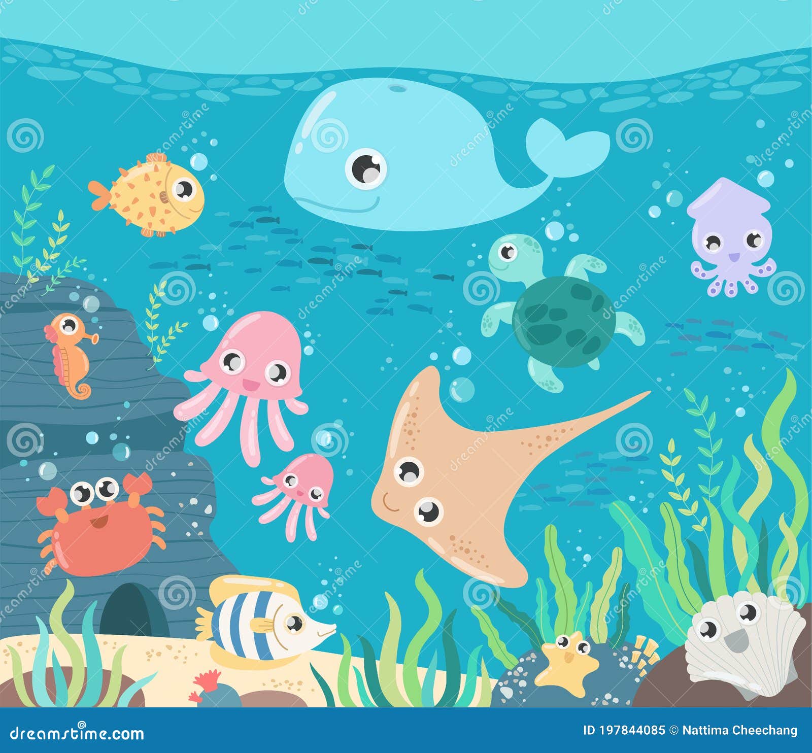 Fish and Wild Marine Animals in Ocean. Sea World Dwellers, Cute Underwater  Creatures, Coral Reef Inhabitants in Their Natural Stock Vector -  Illustration of fauna, shell: 197844085