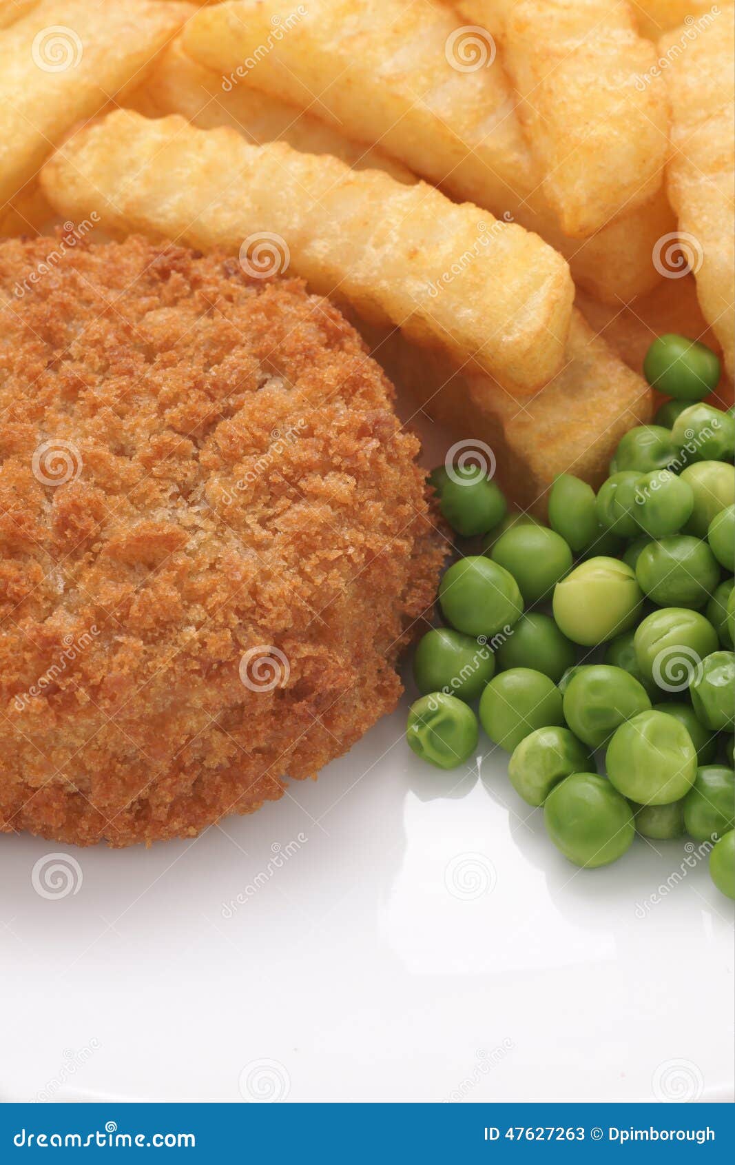 Fishcake Chips and Peas stock image. Image of golden 47627263