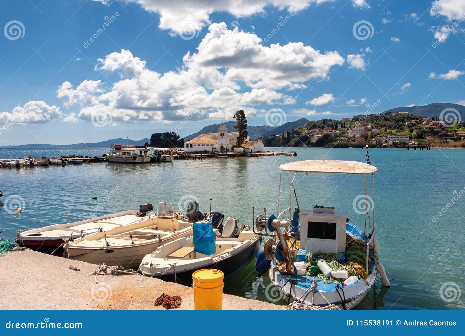 Fisher Boats and the Panagia Vlacherna Monastery Stock Image - Image of ...