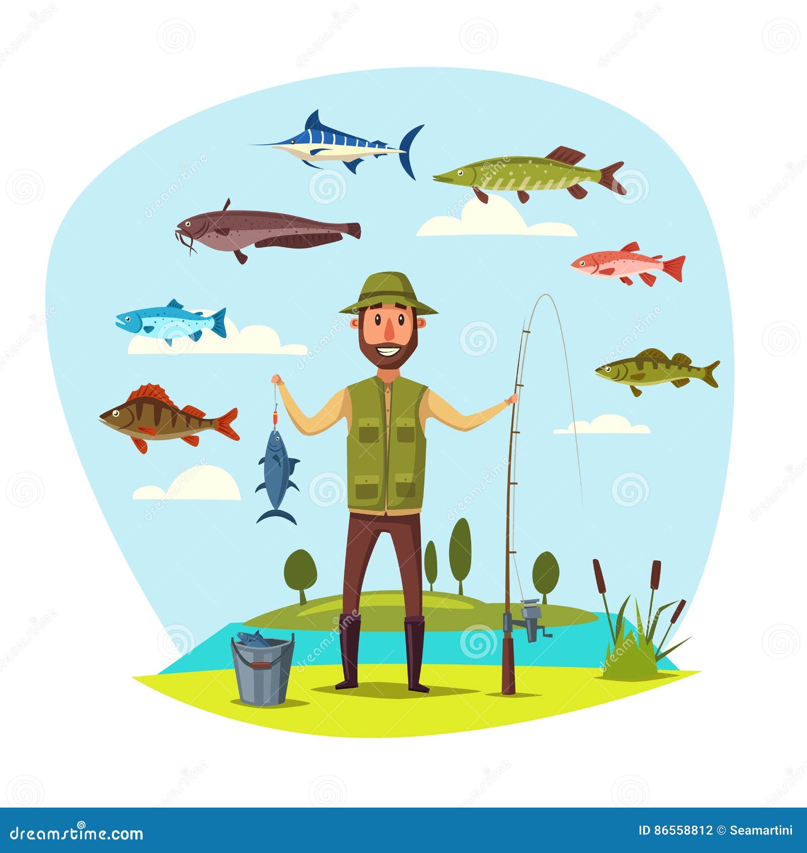 Fisher Man With Fish Catch Vector Fishing Stock Vector ...
