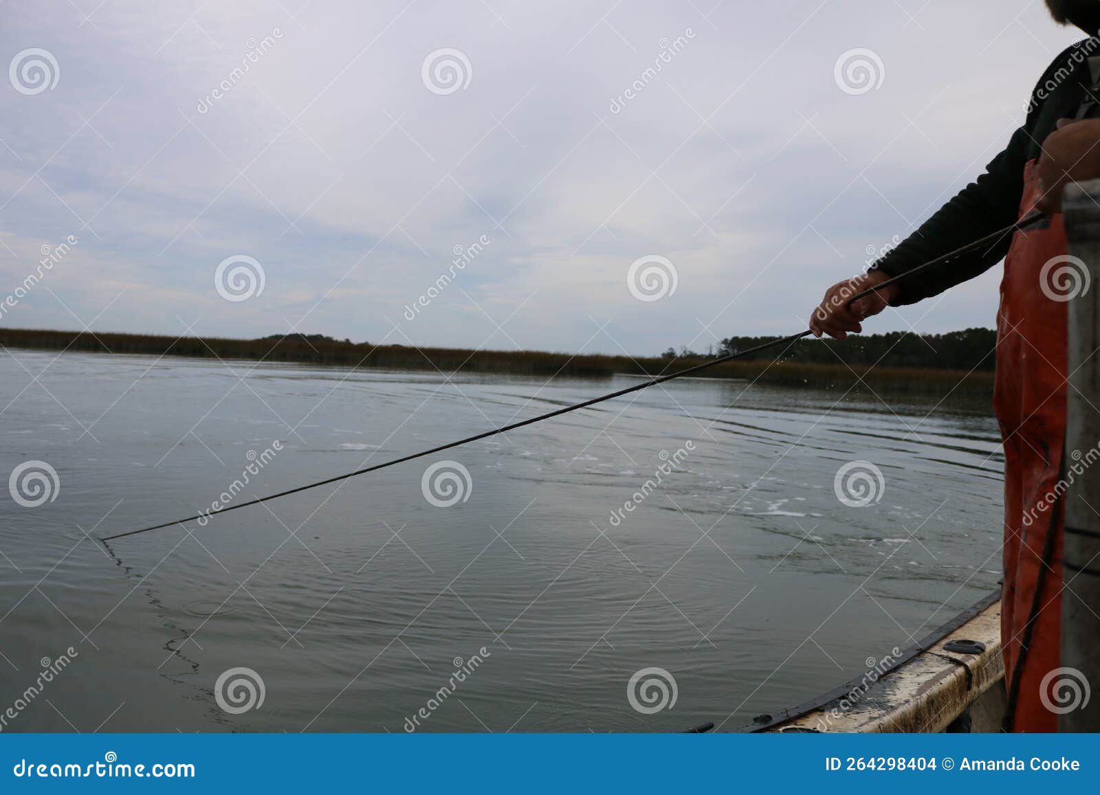 Fisherman Pulling Up a Blue Crab Trap with Rope and Bouy in Hand