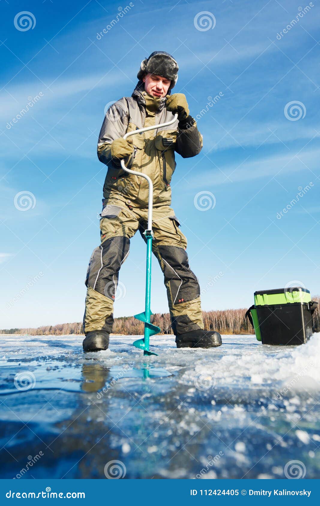 Download Fisherman With Auger In Winter Ice Fishing Stock Image ...