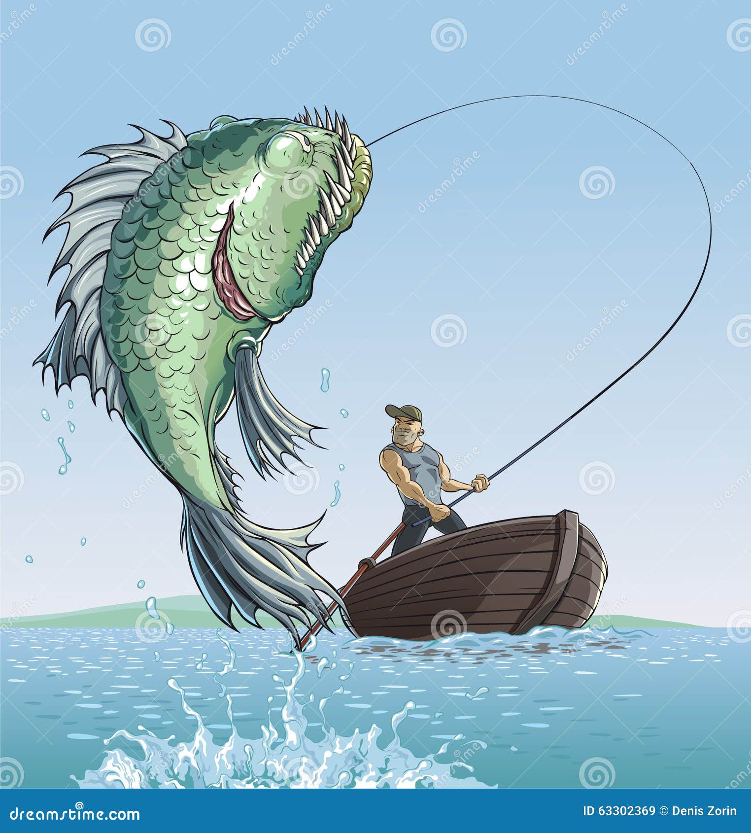 Fisherman and big fish stock vector. Illustration of boat - 63302369