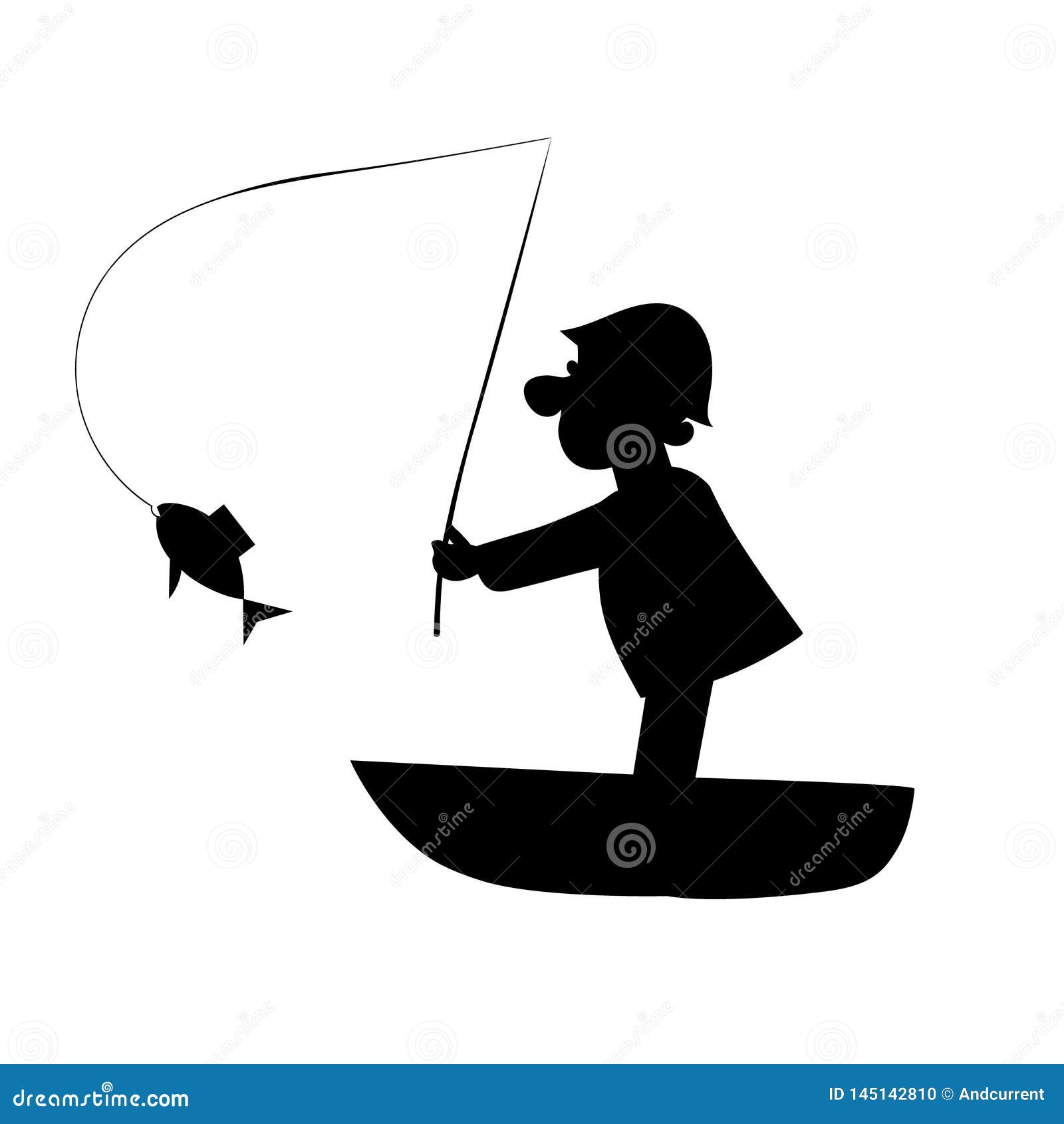 Download Fisherman On Boat Catches Fish. Vector Silhouette. Stock ...