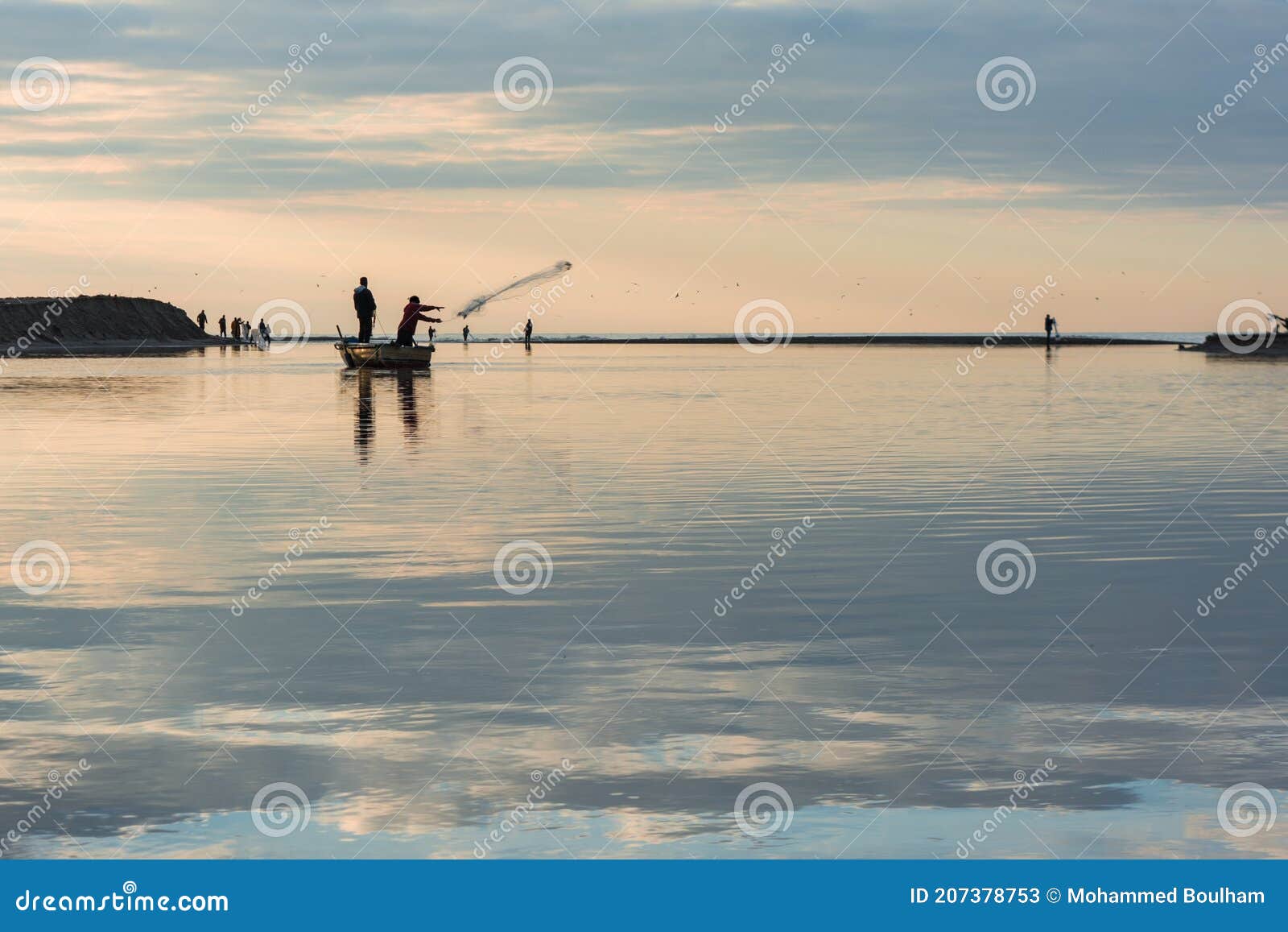 Fisherman in Boat Get Fishing Nets from River, Silhouette of
