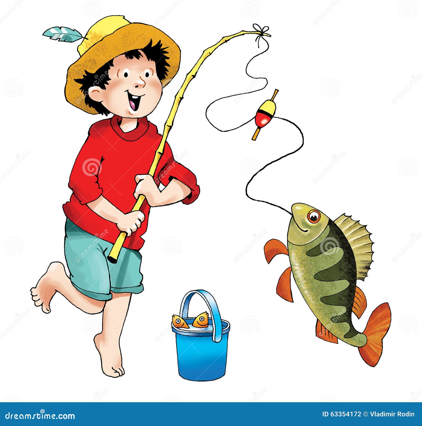 Fisherman Boy Fishing Pole Fish Bass Stock Illustration - Illustration ...