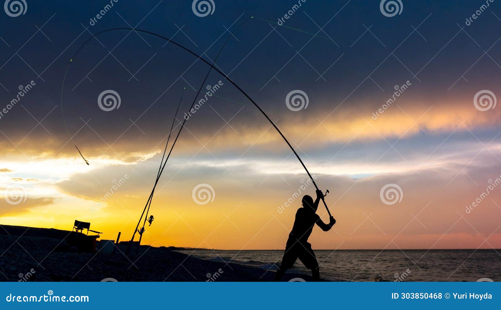 Fisherman Cast Fishing Rods on the Seashore at a Dramatic Sunset. Fisherman  Silhouette Stock Photo - Image of cast, fishes: 303850468
