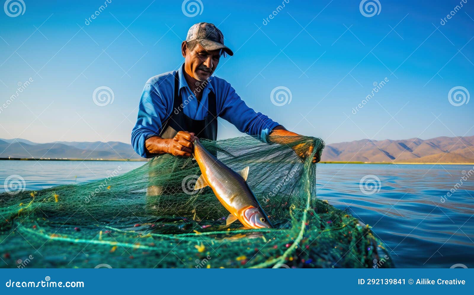 Fisherman Catch Fish in the Boat at Lake Stock Illustration
