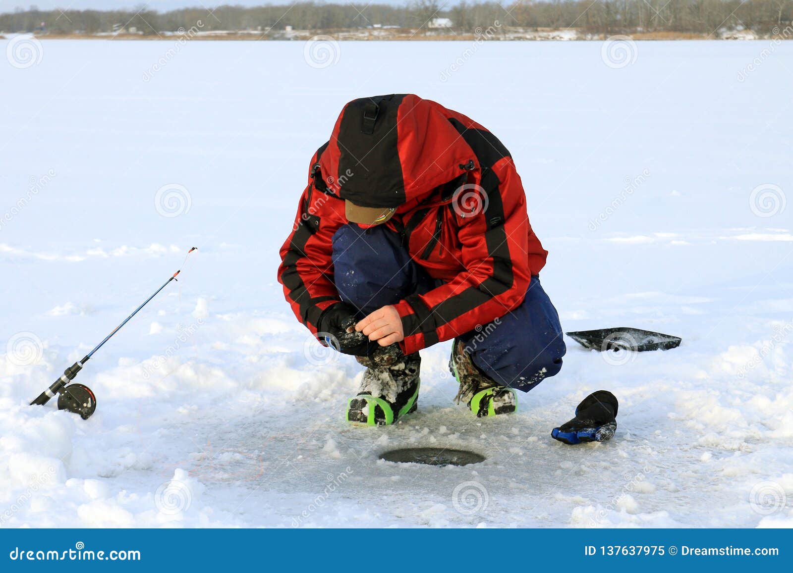 Download Fisherman Catches Fish In Ice-hole. Ice Fishing Stock ...