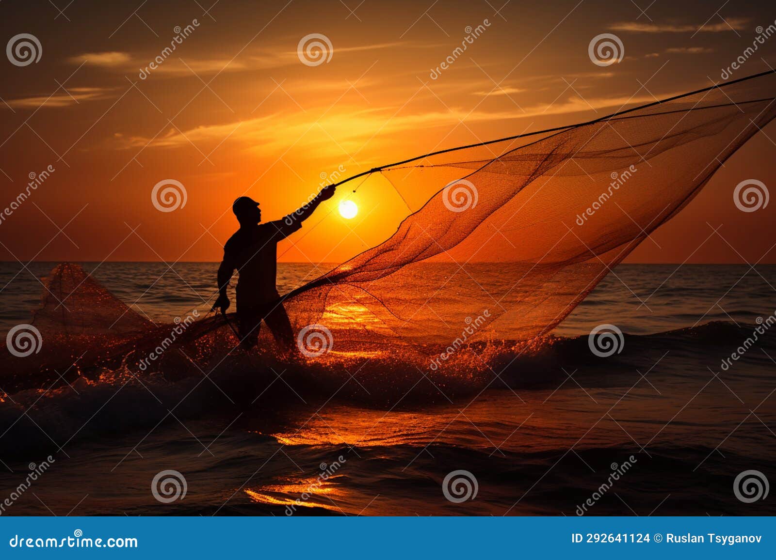 Fisherman Catches Fish with a Net before Sunrise. Fisherman