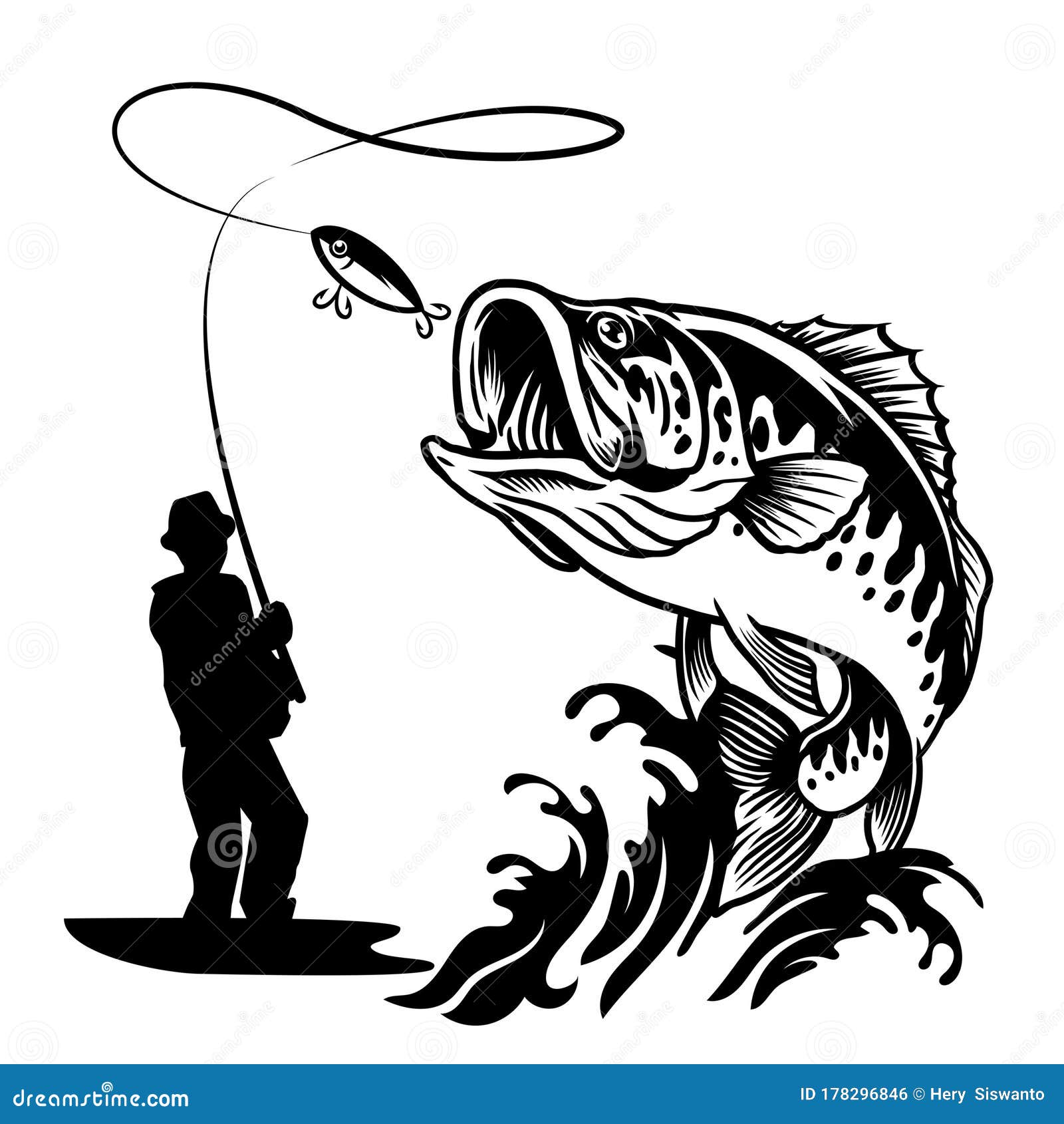 fisherman catching the big bass fish in black and white style