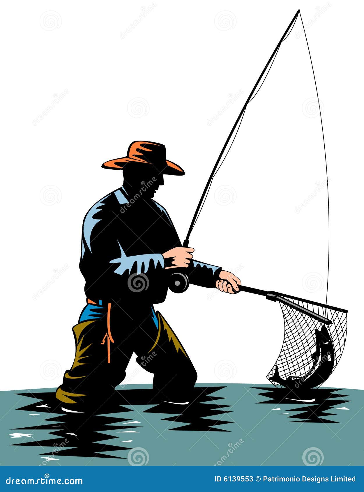 Fisherman catching a trout stock illustration. Illustration of casting