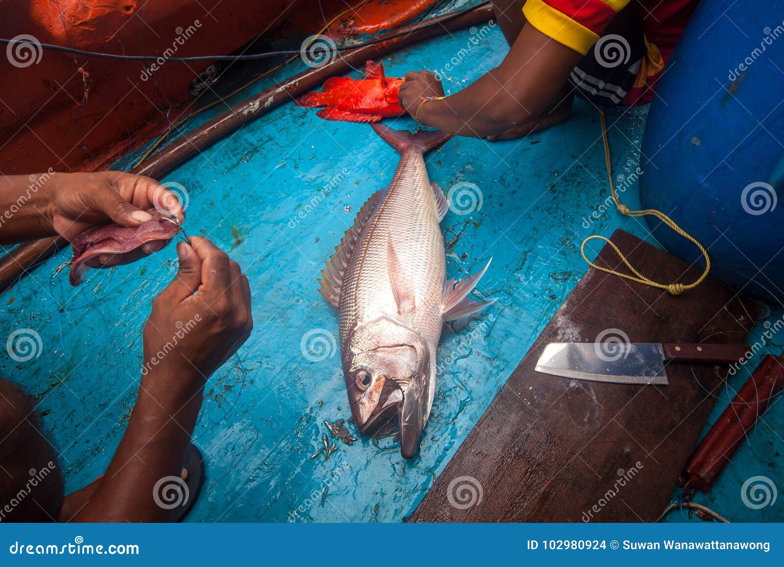 Fisherman is Doing Hook Bait for Fishing on Boat Stock Photo - Image of  diet, background: 102980924