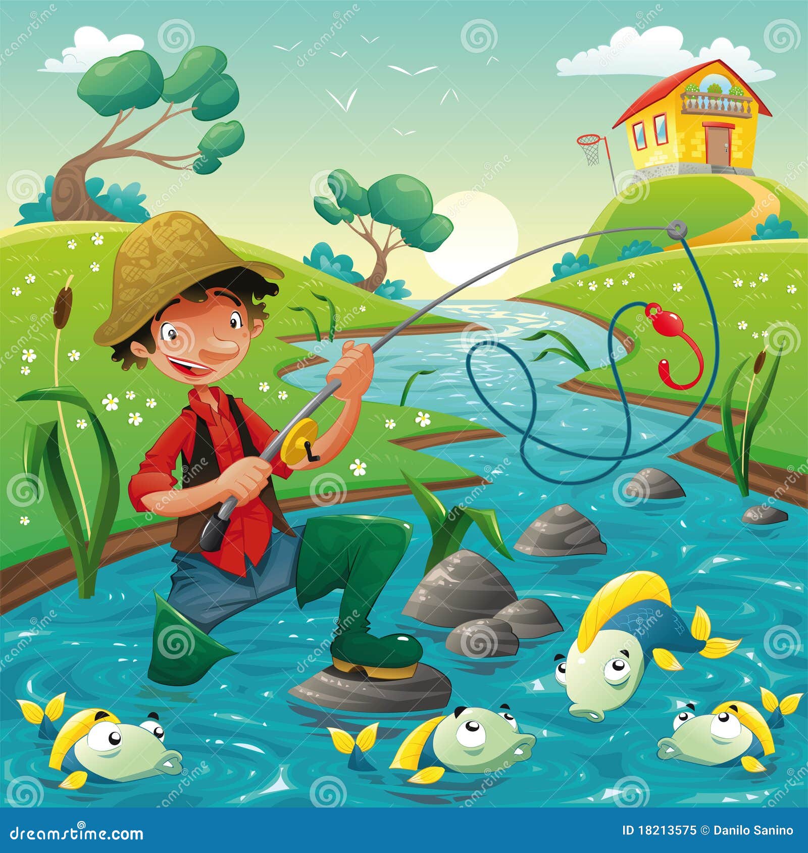 Fisherman and Fish in the River. Stock Vector - Illustration of trout,  fishing: 18213575