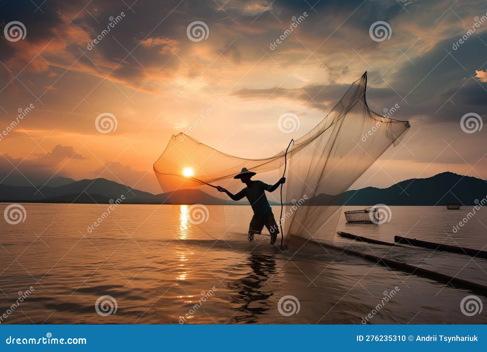 A Fisherman is Fishing with a Net at Sunrise, a Fisherman is Throwing a Fishing  Net into the Sea, Generative AI. Stock Illustration - Illustration of life,  aquaculture: 276235310