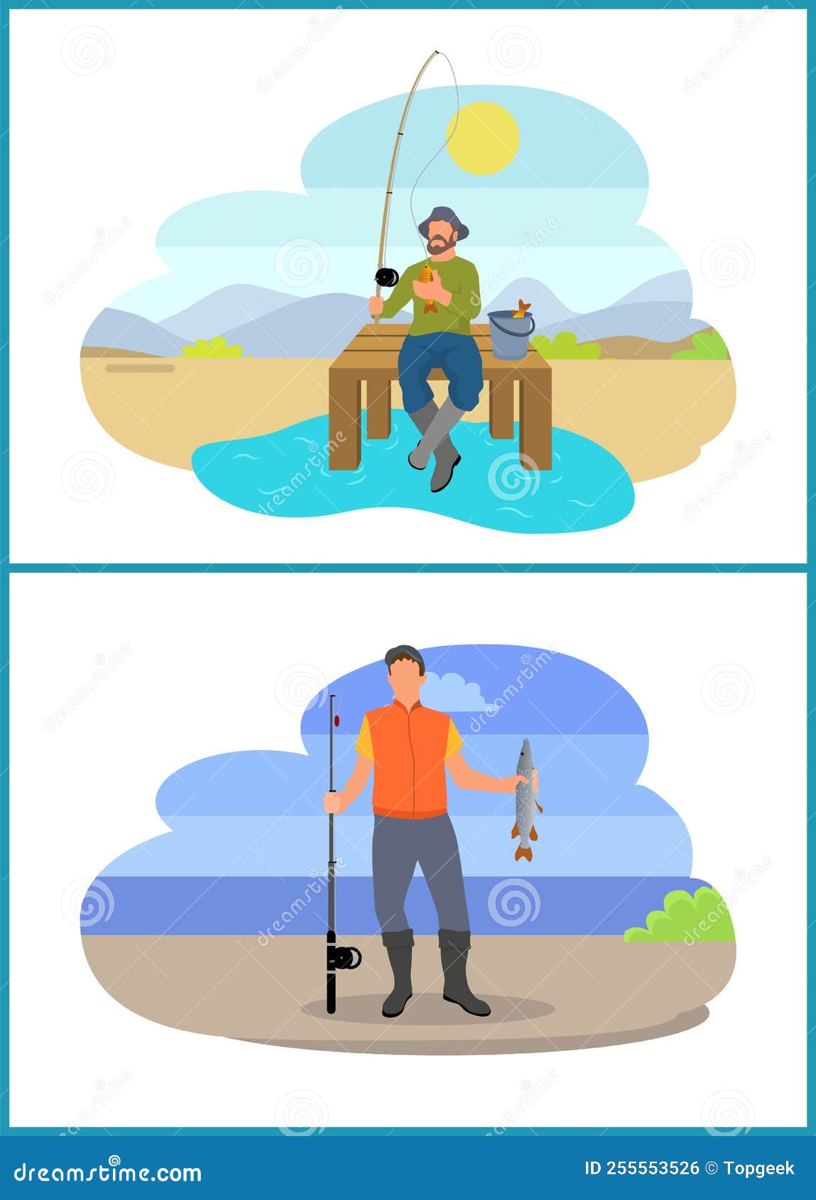 Fisherman Fishing from Platform and from Bank Stock Vector - Illustration  of vector, fishrod: 255553526