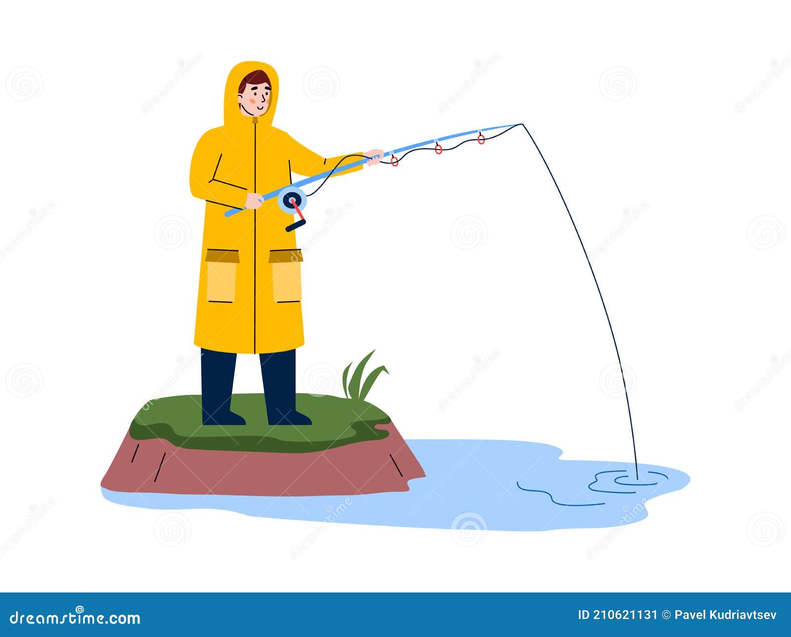 Fisherman Fishing from River Bank with Rod Cartoon Vector