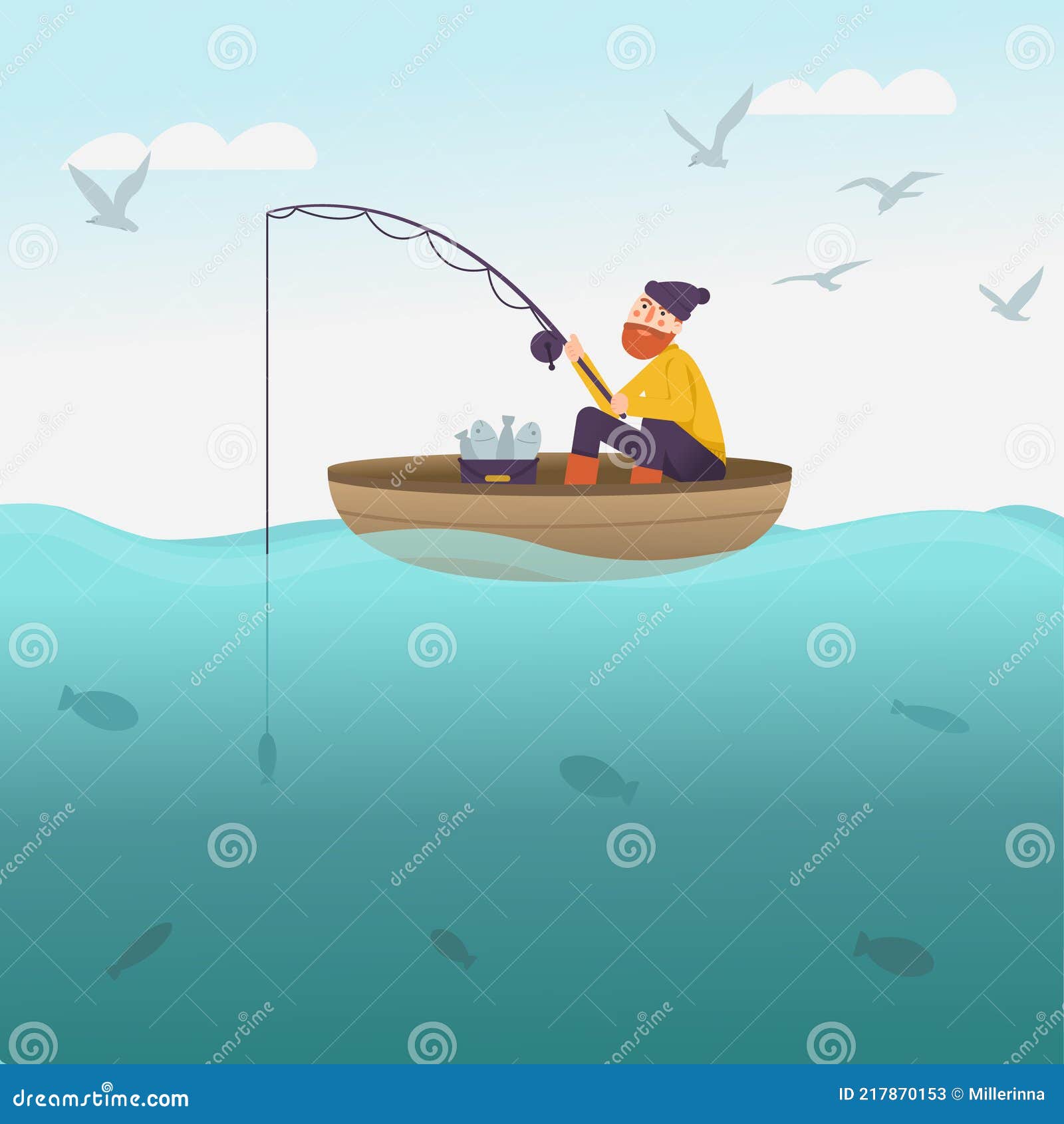 Fisherman with Fishing Rod on the Boat. Sea Scenery with Fisher