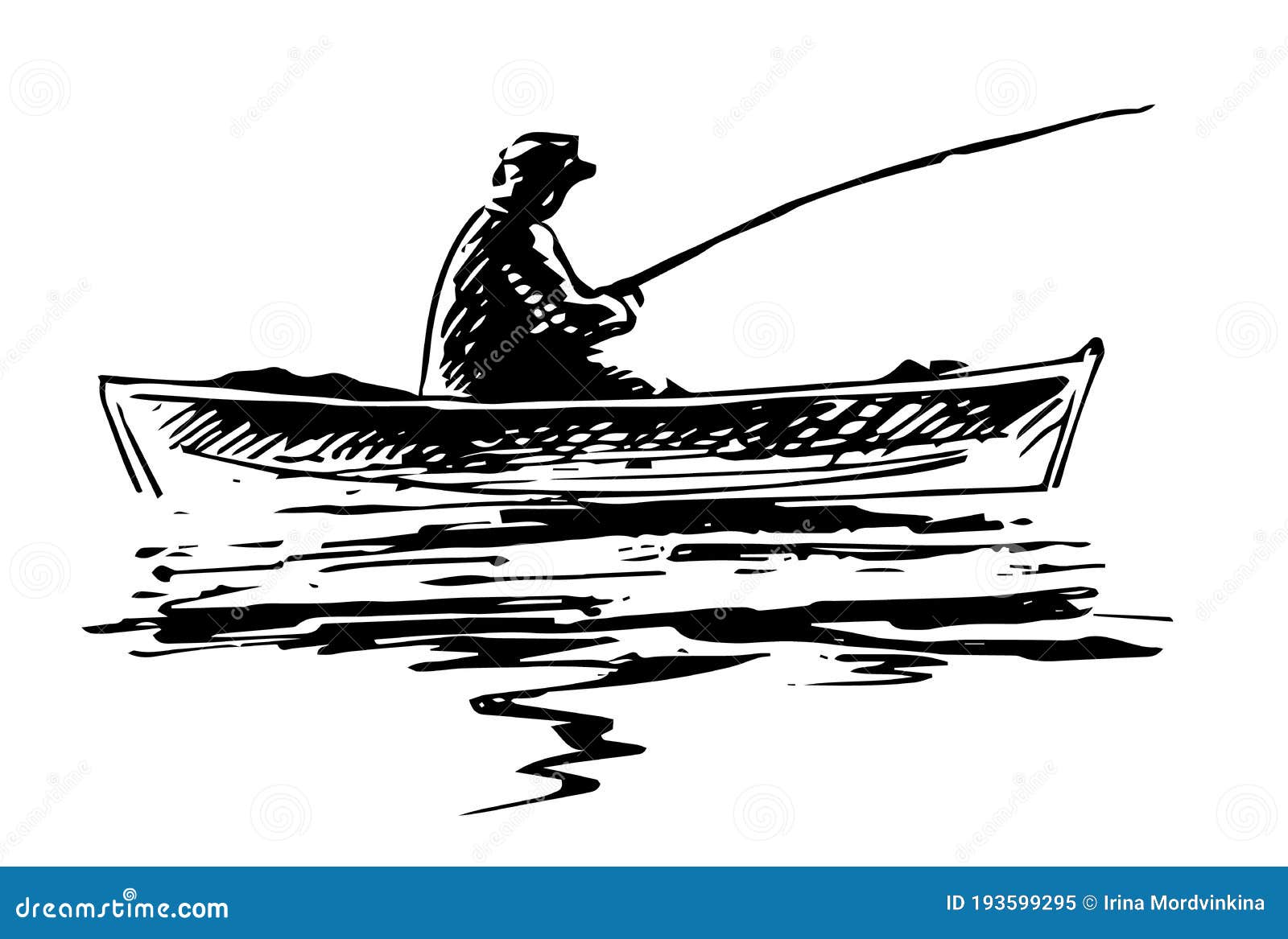A Fisherman with a Fishing Rod in the Boat. Waves and Reflection. Sketch.  Outline Hand Drawing Stock Vector - Illustration of male, bucket: 193599295
