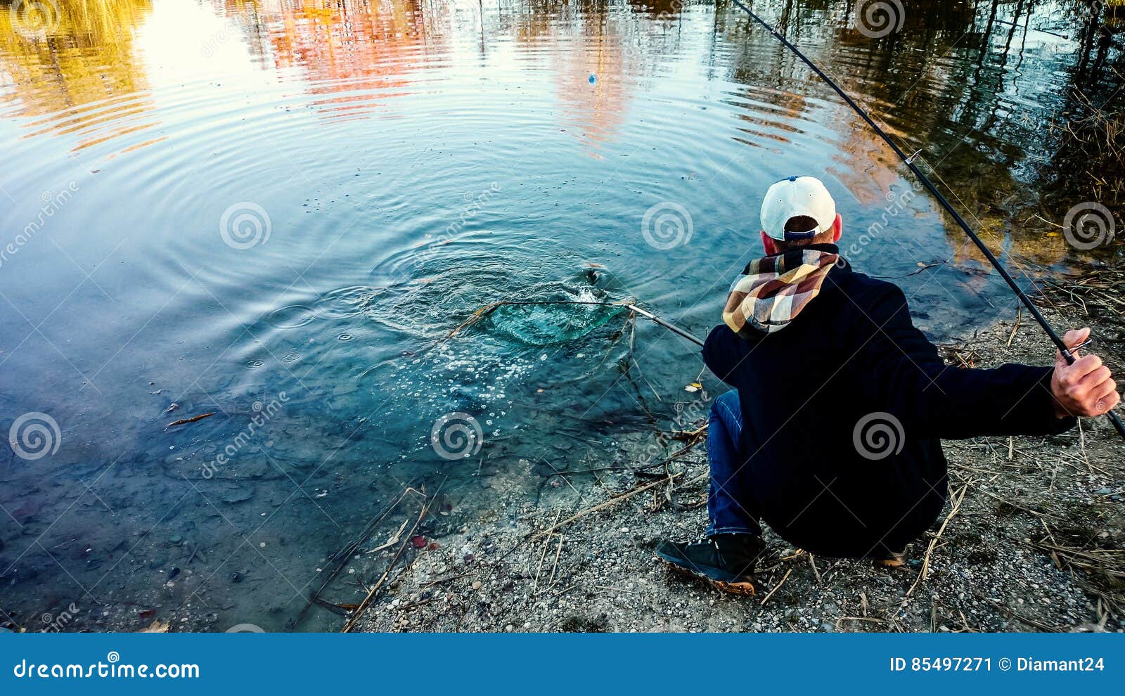 Fisherman with Fishing Rod and Landing Net Stock Image Image of