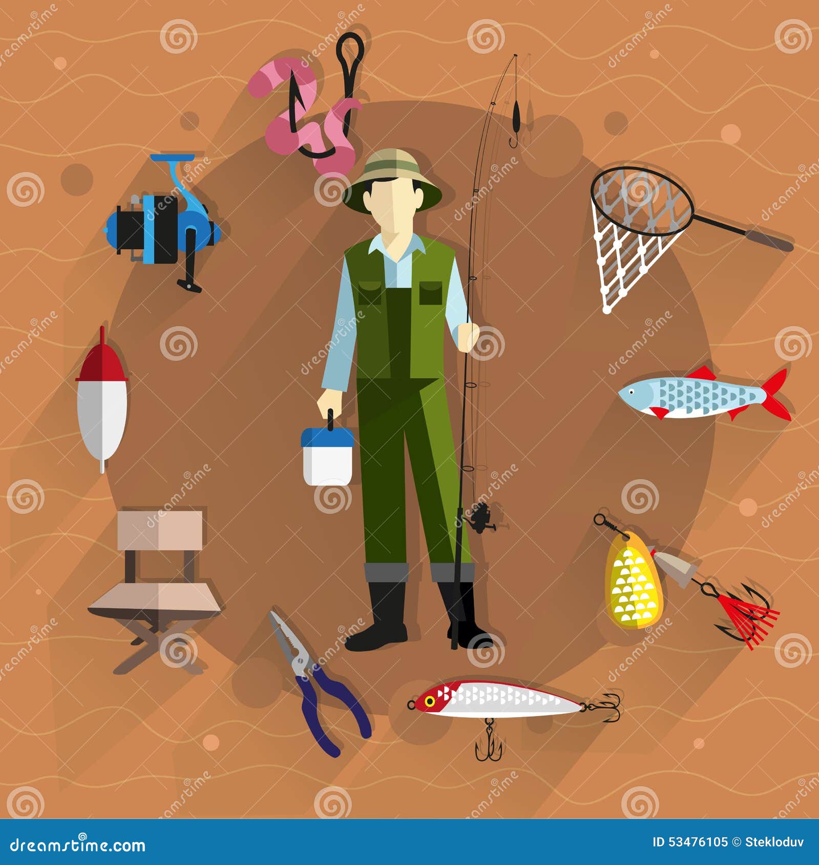 Fisherman and Fishing Tackle Stock Vector - Illustration of background,  boots: 53476105