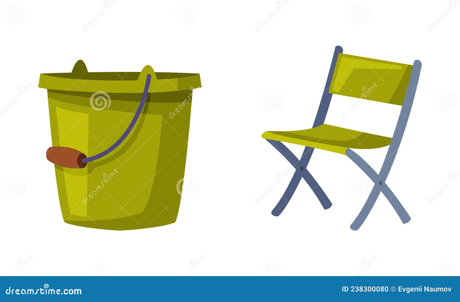 Fisherman Green Bucket or Pail and Chair Vector Set Stock Vector