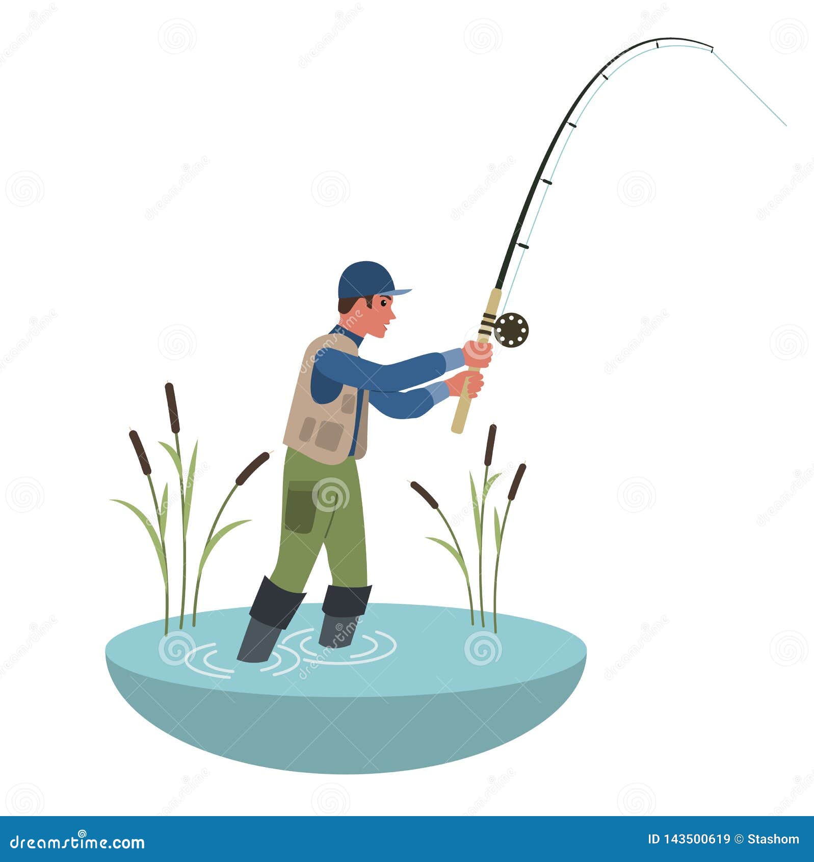 Fisherman Holding Fishing Rod. Flat Style Colorful Cartoon Illustration  Stock Vector - Illustration of activity, leisure: 143500619