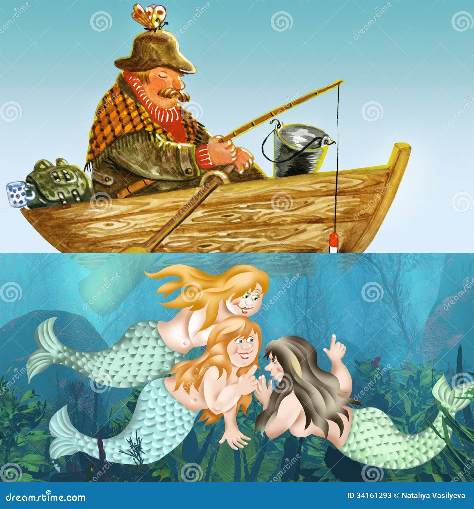 Fisherman fell asleep in a boat while mermaids smiling on him 