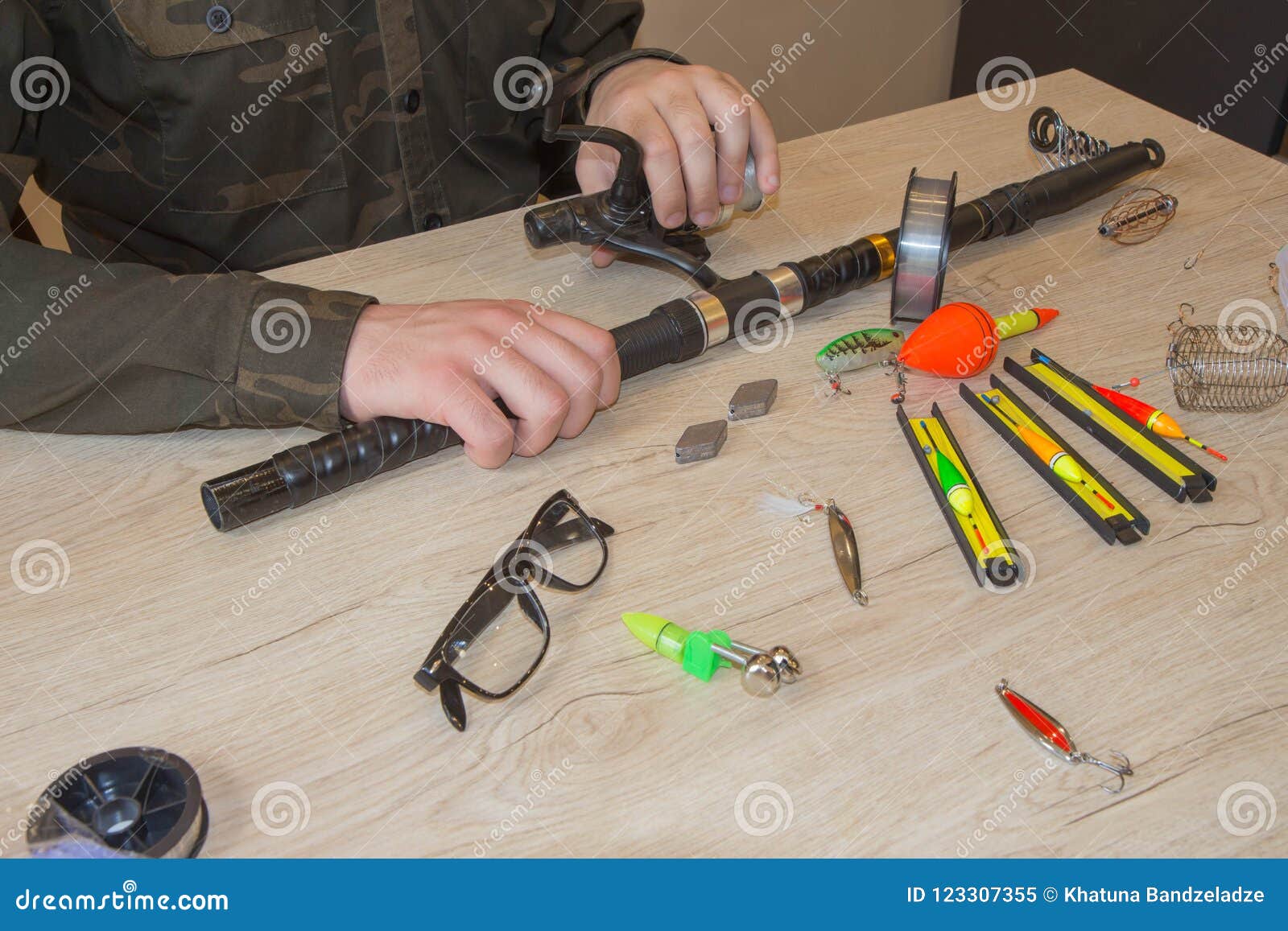 Fisherman Prepare To Fishing. Tools and Accessories on Wooden Table Stock  Image - Image of rubber, recreation: 123307355
