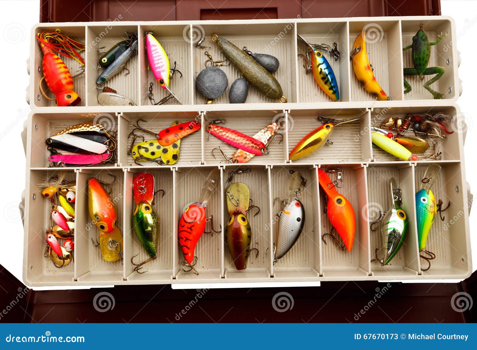 Fisherman S Lures in a Old Tackle Box Stock Image - Image of