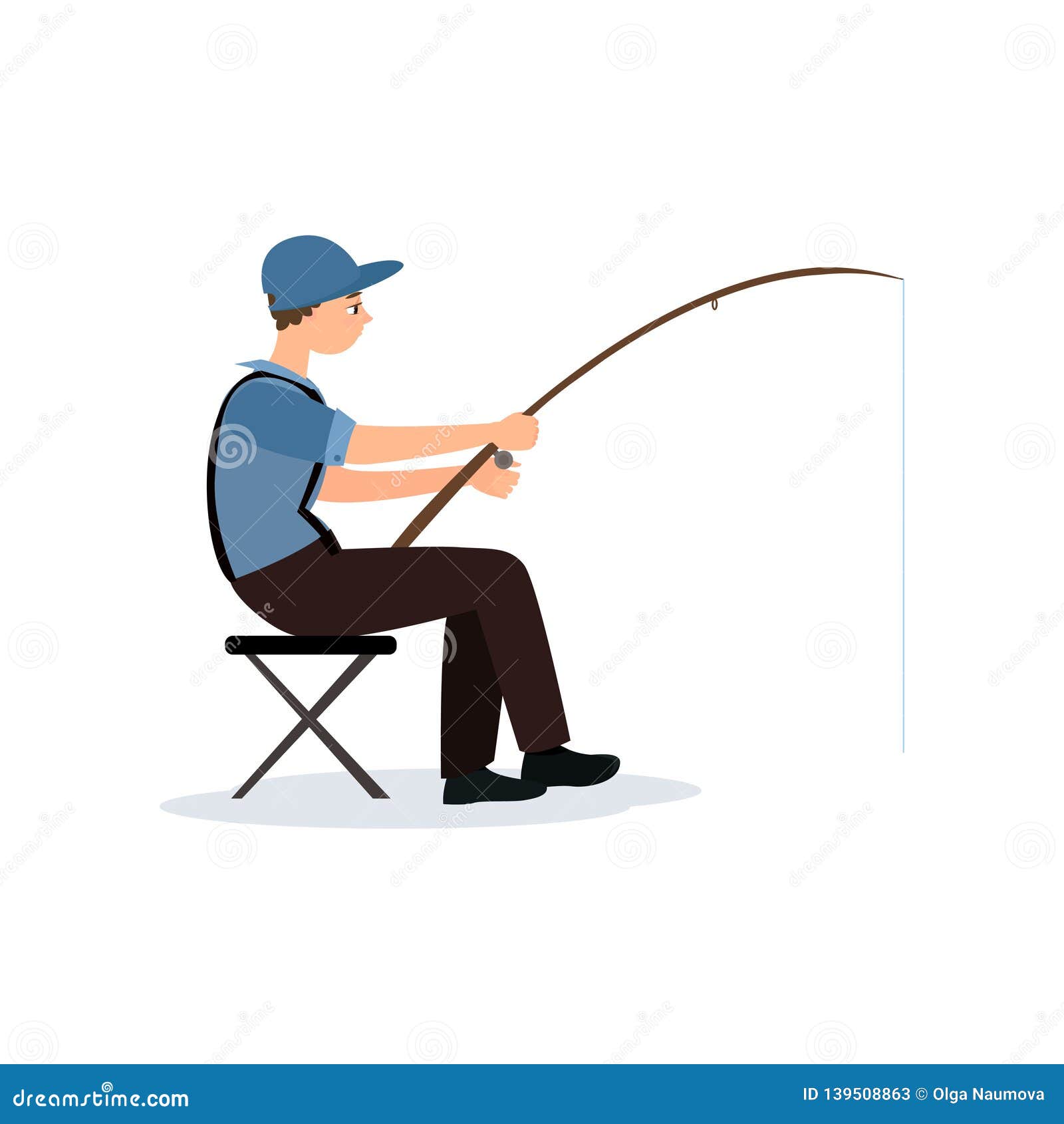 Fisherman Sitting on Folding Chair with Fishing Rod, Male Fisher