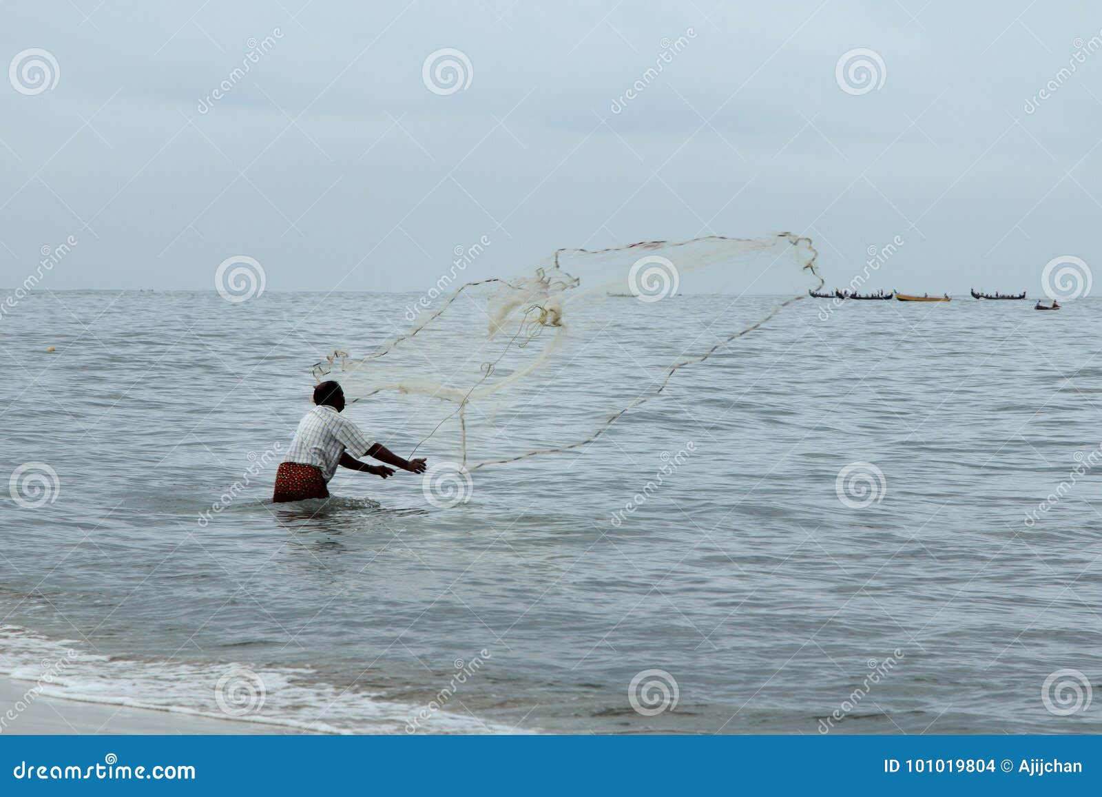 Fisherman Throws Out His Net Editorial Stock Image Image of boat