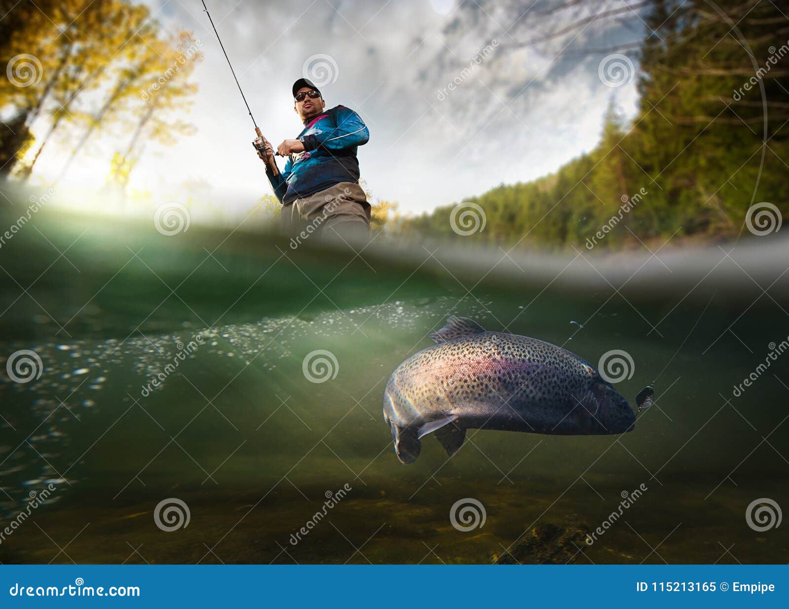 fisherman and trout, underwater view.