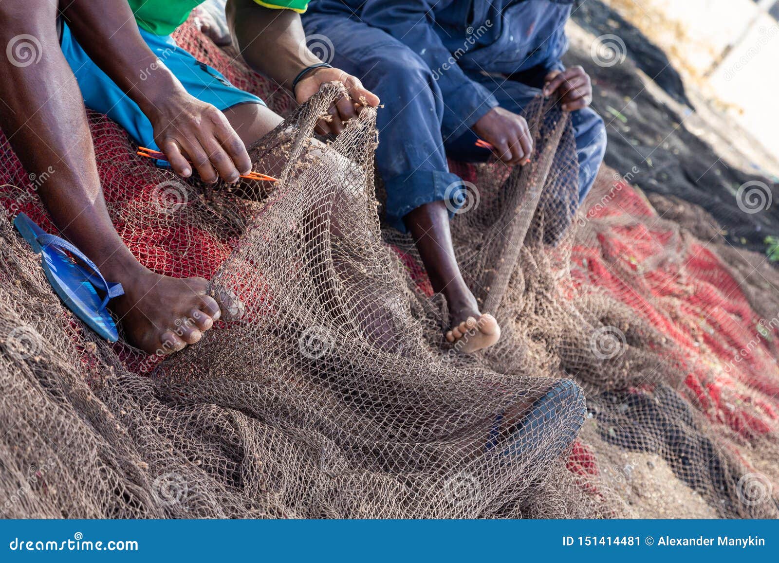 Fishermans Mending Nets. Burgundy, Black, White, Gray Stock Image