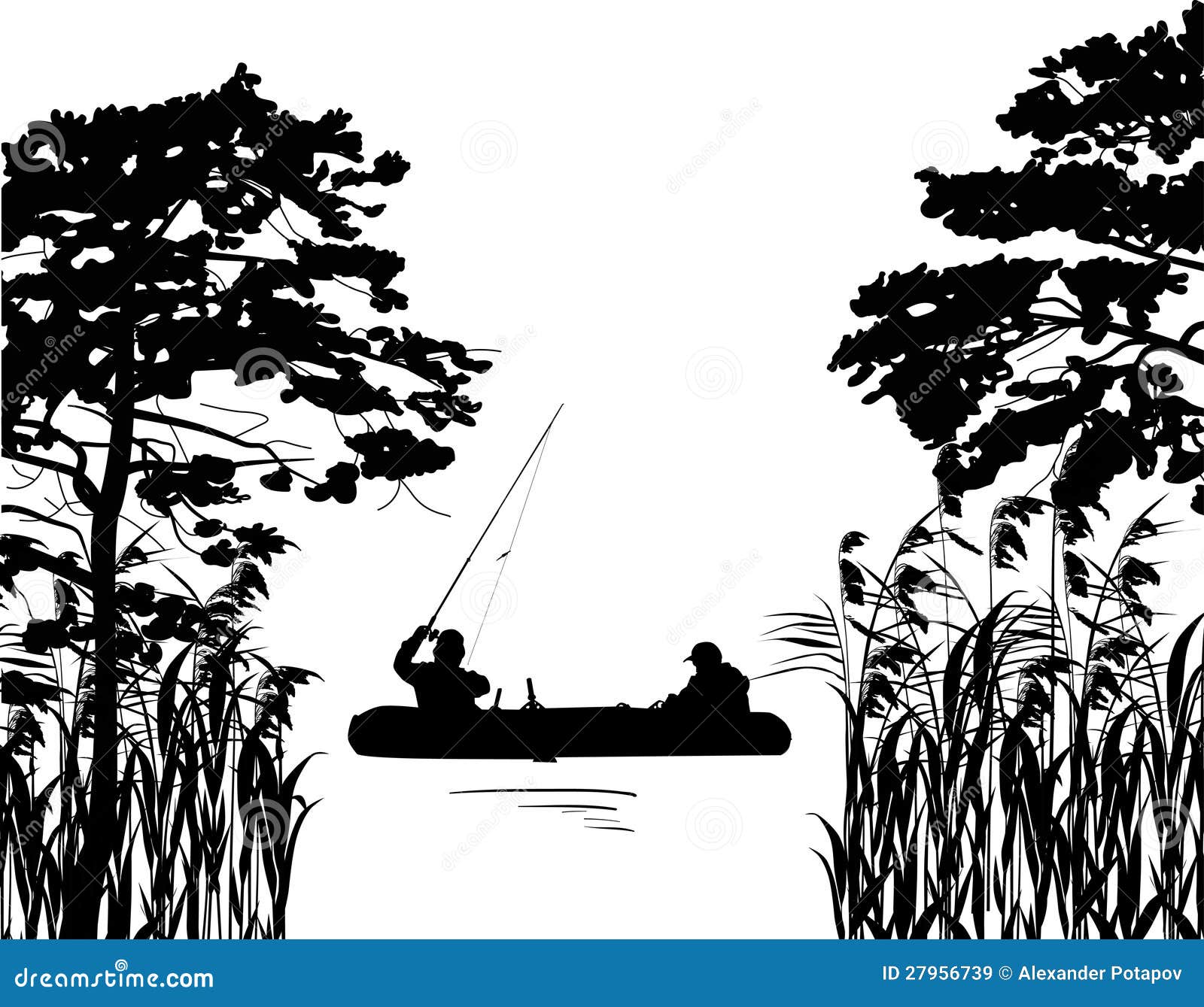 Download Fishermen In Boat Silhouette Between Trees Stock Vector ...