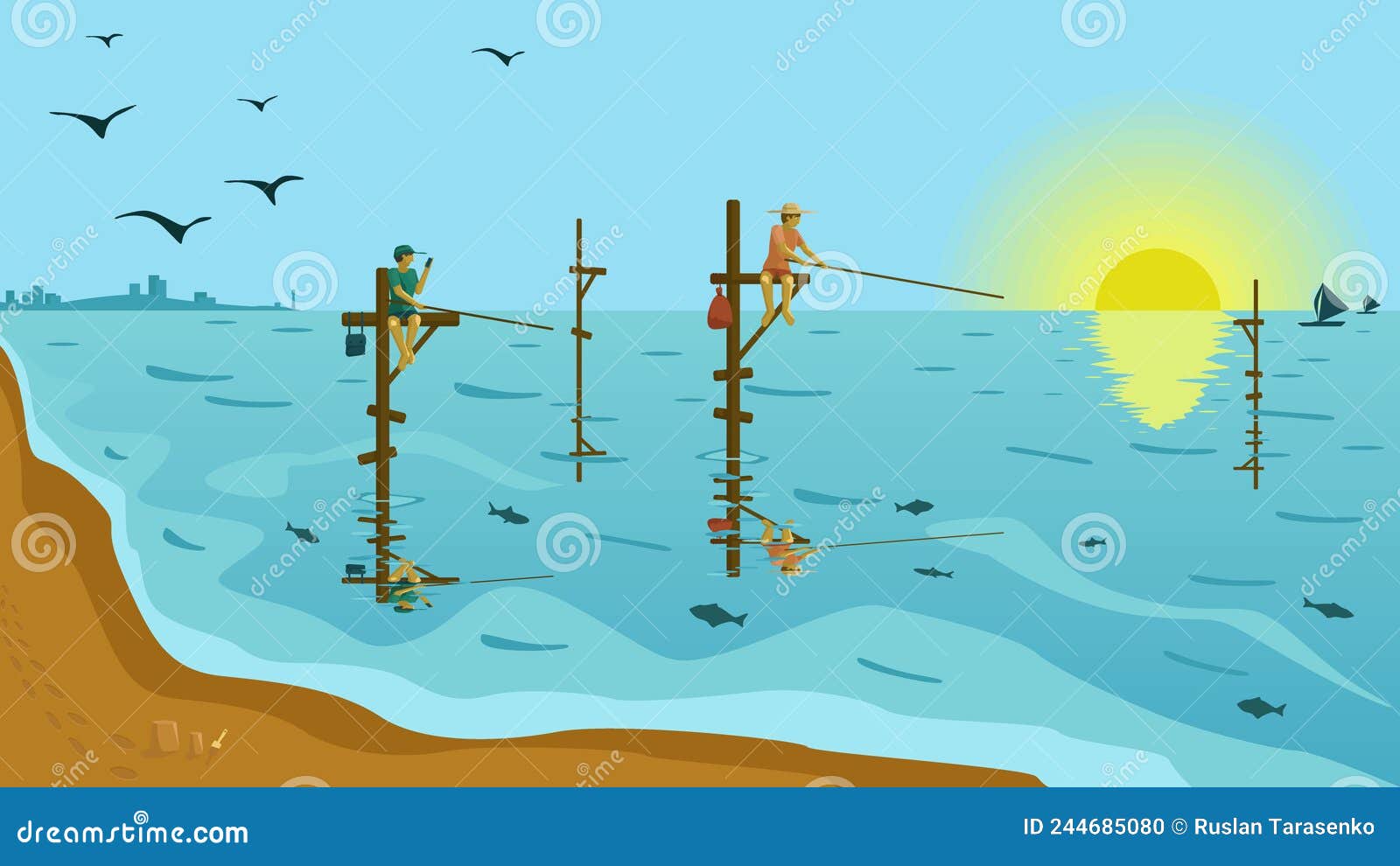 https://thumbs.dreamstime.com/z/fishermen-catch-fish-special-poles-sea-sunny-morning-fishing-background-silhouette-city-sailboats-distance-244685080.jpg