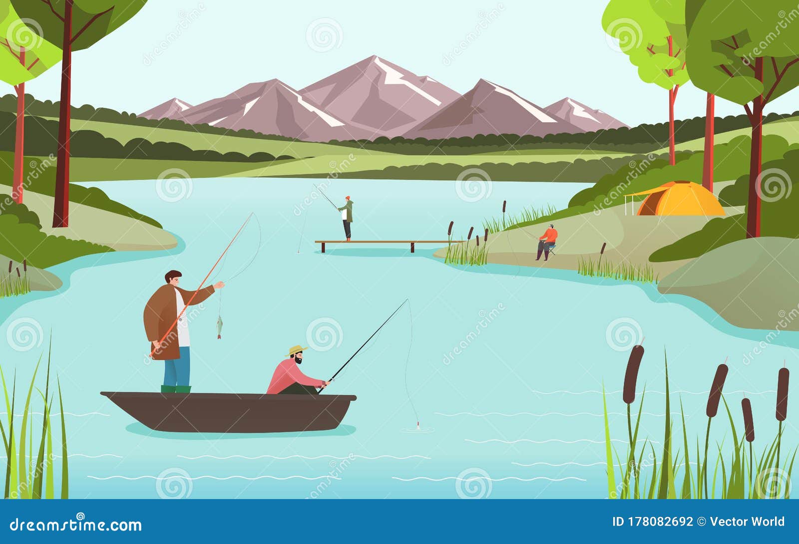 Fishermen on Lake in Beautiful Nature Landscape, People Fishing