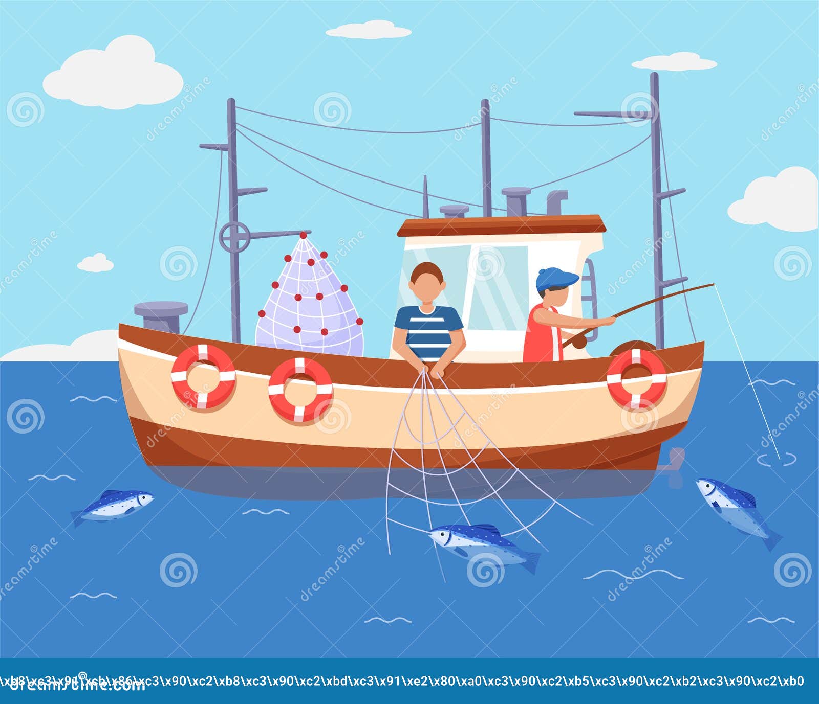 Fishermen in Sea Bot. Net with Fish. Men Work on Ocean Ship. Fishery  Industry. Fishing People. Commercial Equipment Stock Vector - Illustration  of tackle, towboat: 253603371