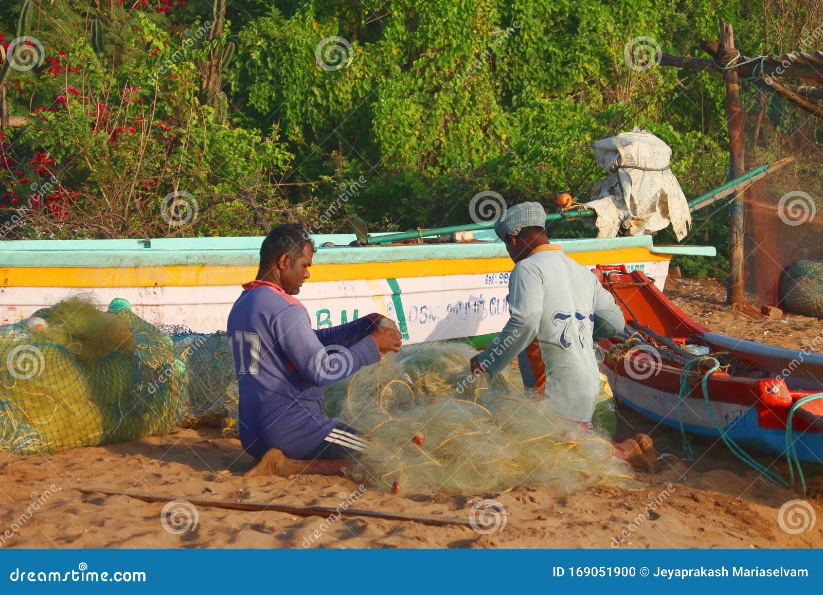 Fishermen Taking Out Fish from Their Gill Net in Tamil Nadu, India