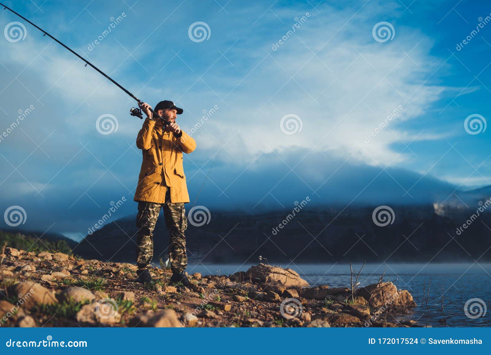 https://thumbs.dreamstime.com/z/fishery-concept-fisherman-hold-fishing-rod-man-enjoy-hobby-sport-evening-lake-person-catch-fish-pondon-background-blue-sky-172017524.jpg