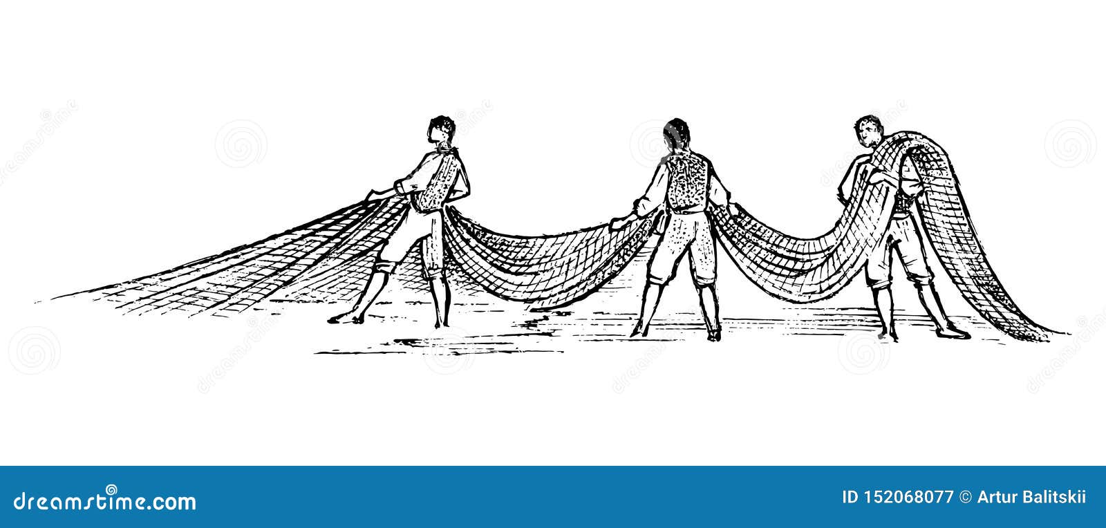Fishery in Greece. Men with Fishing Nets. Hand Drawn Engraved Vintage Sketch  for Poster, Banner or Website. Stock Vector - Illustration of pike, lake:  152068077