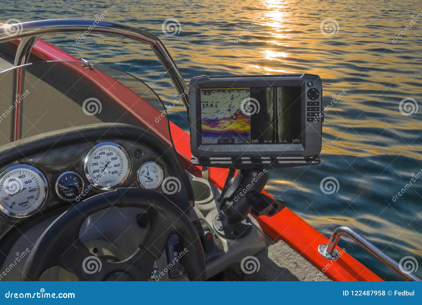 fishfinder, echolot, fishing sonar at the boat