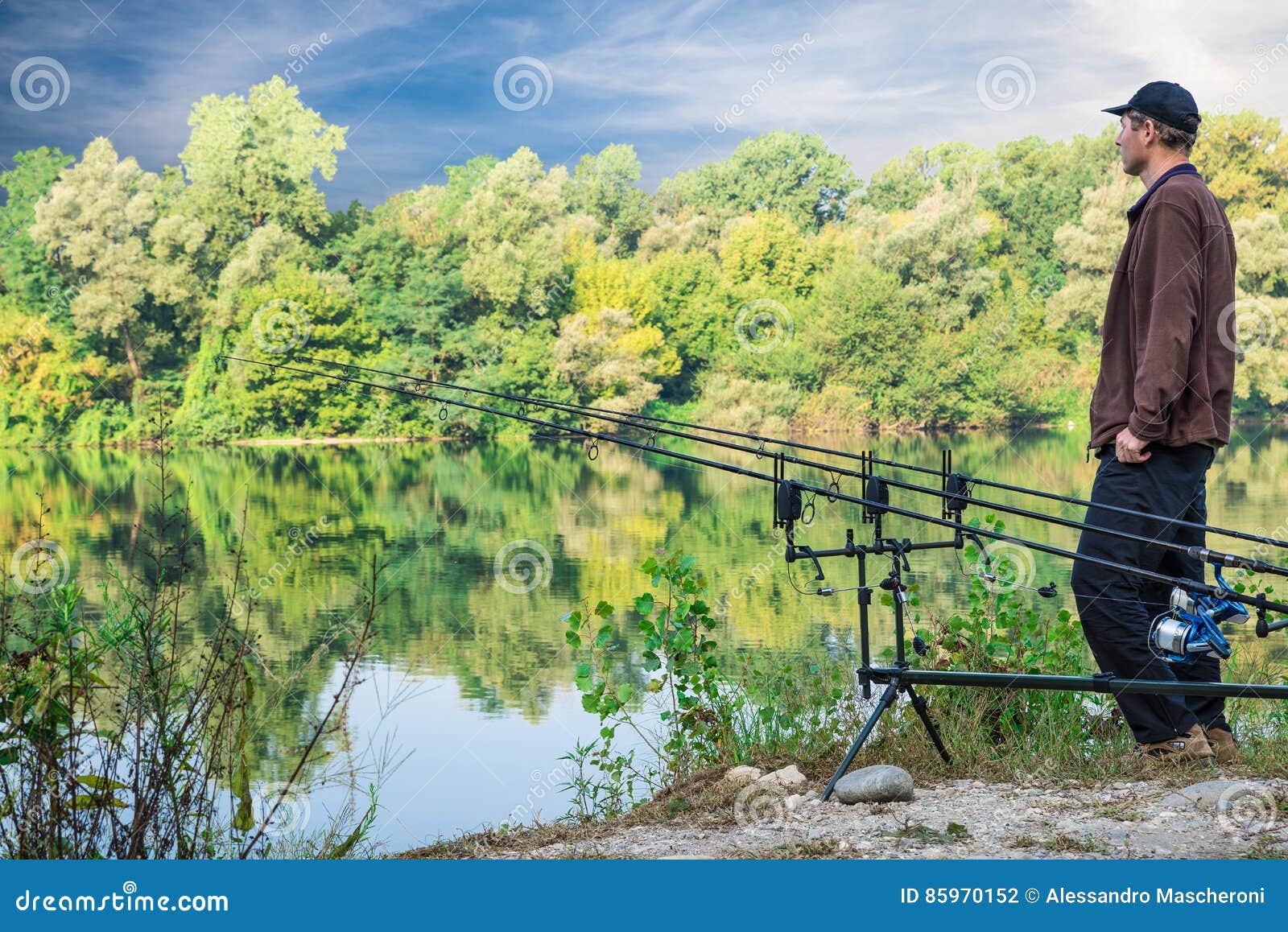 Fishing Adventures. Fisherman and Carp Fishing Gear, Carpfishing Rods, Rod  Pod and Bite Alarms Stock Photo - Image of reel, clouds: 85970152