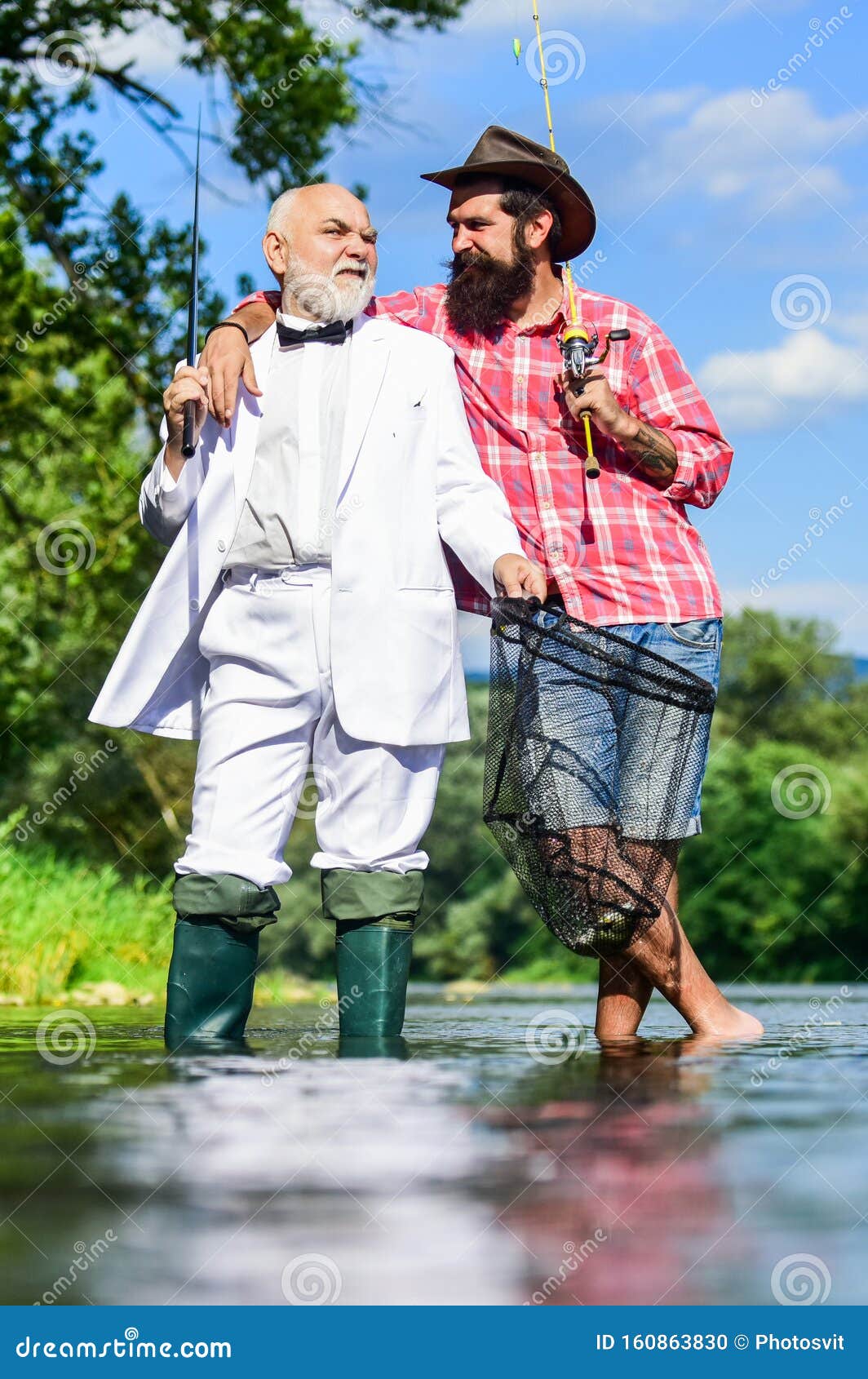 Fishing As Holiday. Hobby and Recreation. Fisherman in Formal Suit.  Successful Catch. Friends Fishing Stock Photo - Image of river, holiday:  160863830