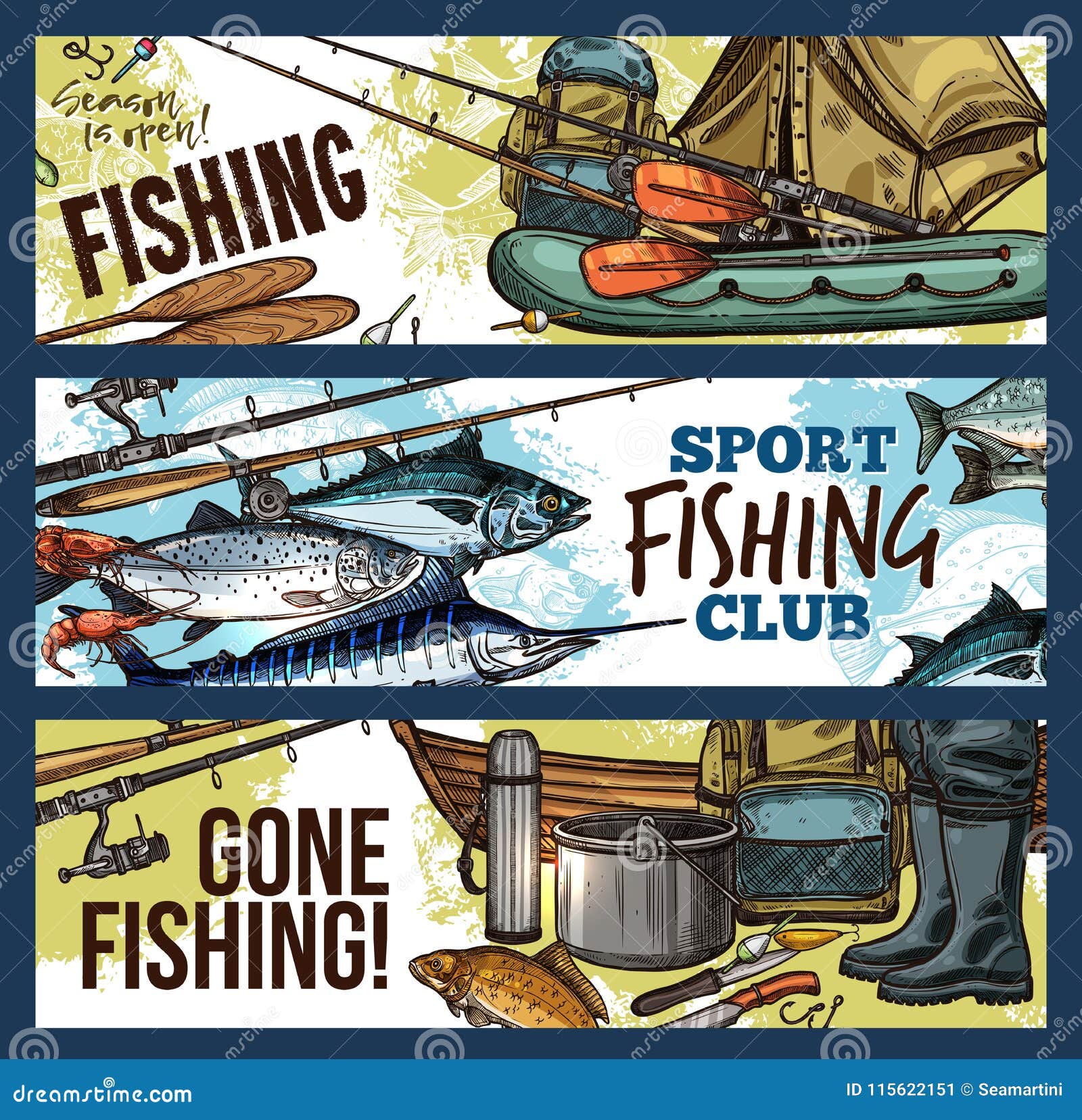 Fishing Banner with Fisherman Tackle and Fish Stock Vector - Illustration  of graphic, outdoor: 115622151